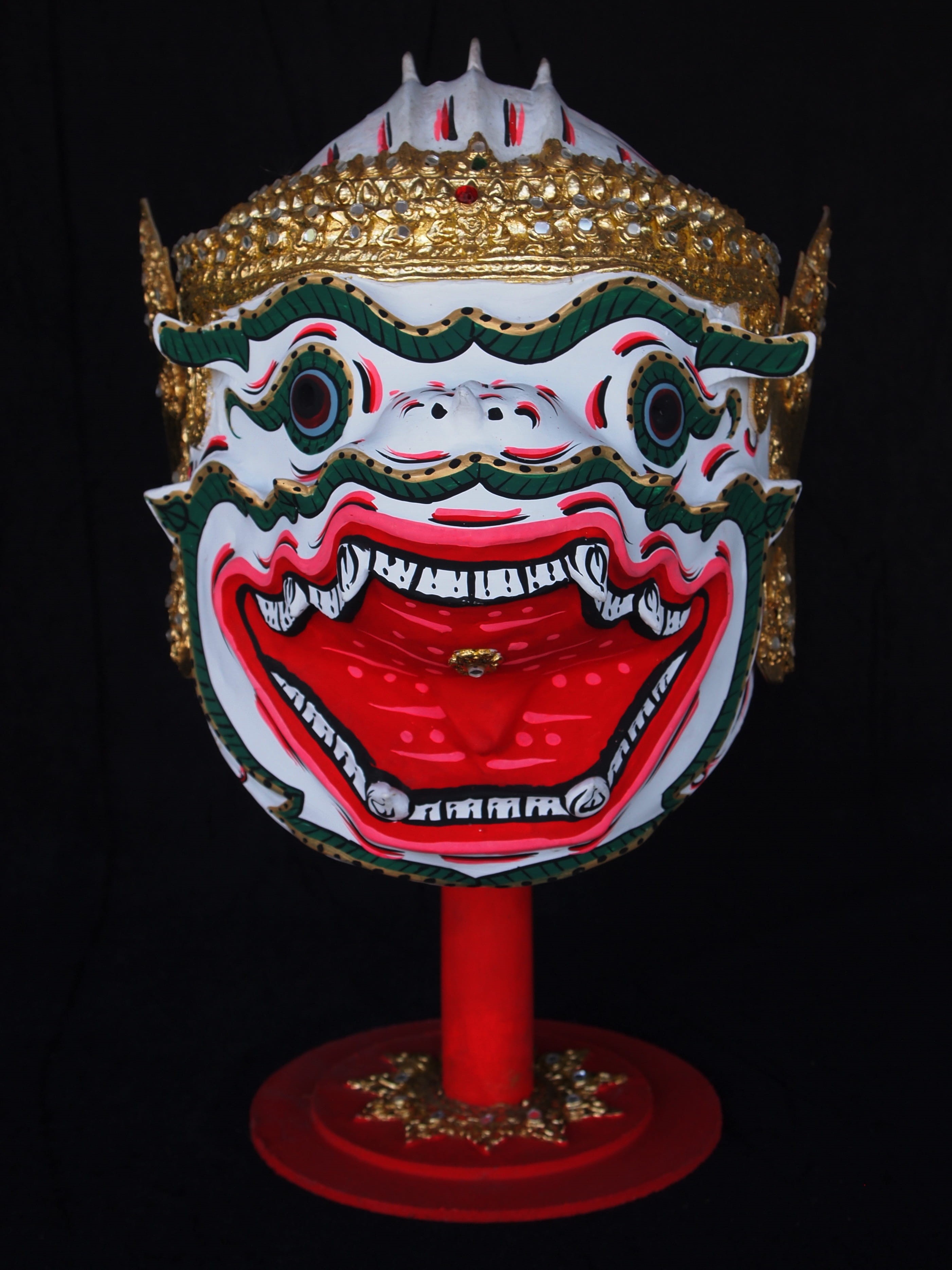 architecture, no people, multi colored, gold, craft, decoration, festival, mask, red, representation, statue, sculpture, creativity, 2K, indoors, thai, Phone HD Wallpaper