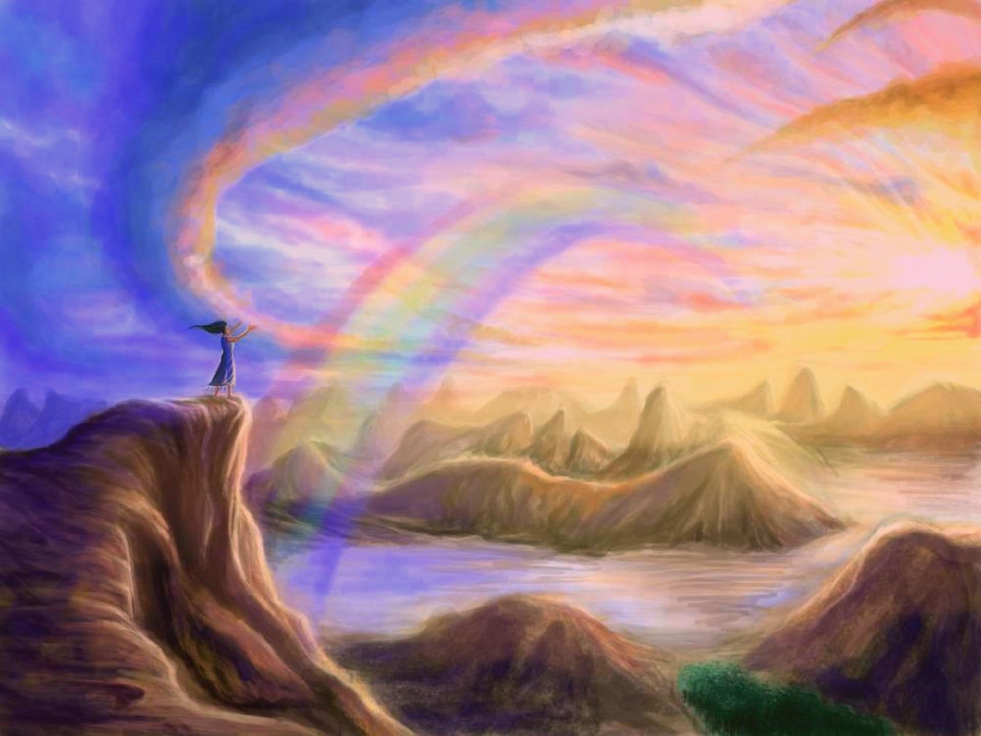 clouds, beautiful, female, landscapes, drawings, creative-pre--made, mountains, salvation, softness-beauty, rainbows, 1080P, HD Wallpaper