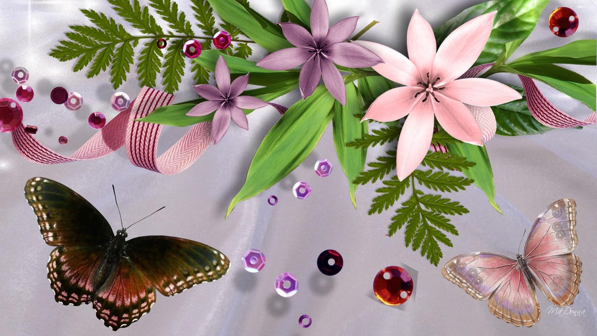 animals, flowers, beads, 1080P, ribbon, blooms, butterflies, firefox persona, ferns, HD Wallpaper