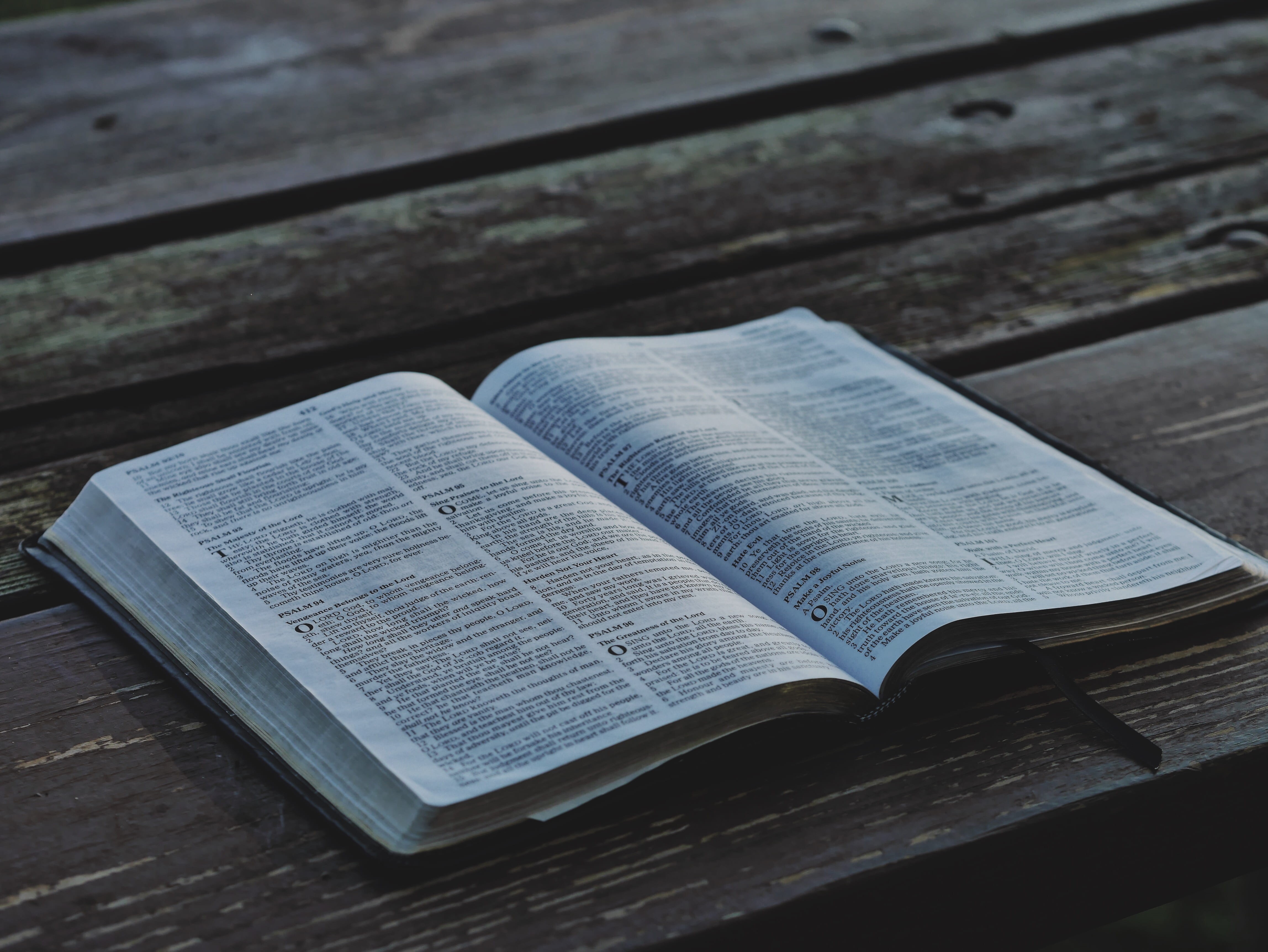 religion, religious equipment, page, belief, no people, brown, bookmark, text, open, opened, spirituality, boards, wood - material, read, indoors, bible, HD Wallpaper