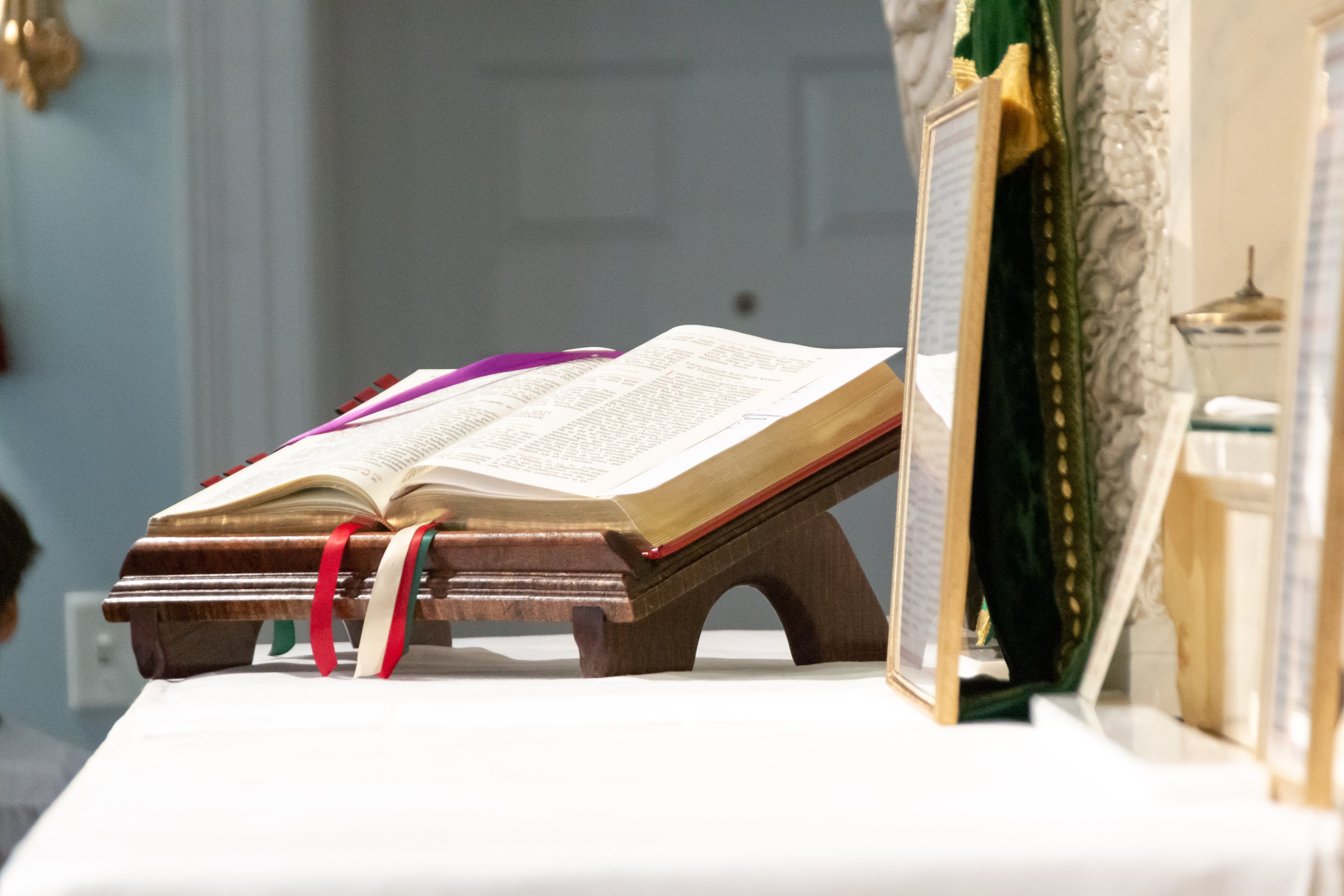 altar, seat, chair, building, roman catholic, indoors, open, latin mass, publication, missal, 4K, no people, still life, furniture, catholic, education, HD Wallpaper