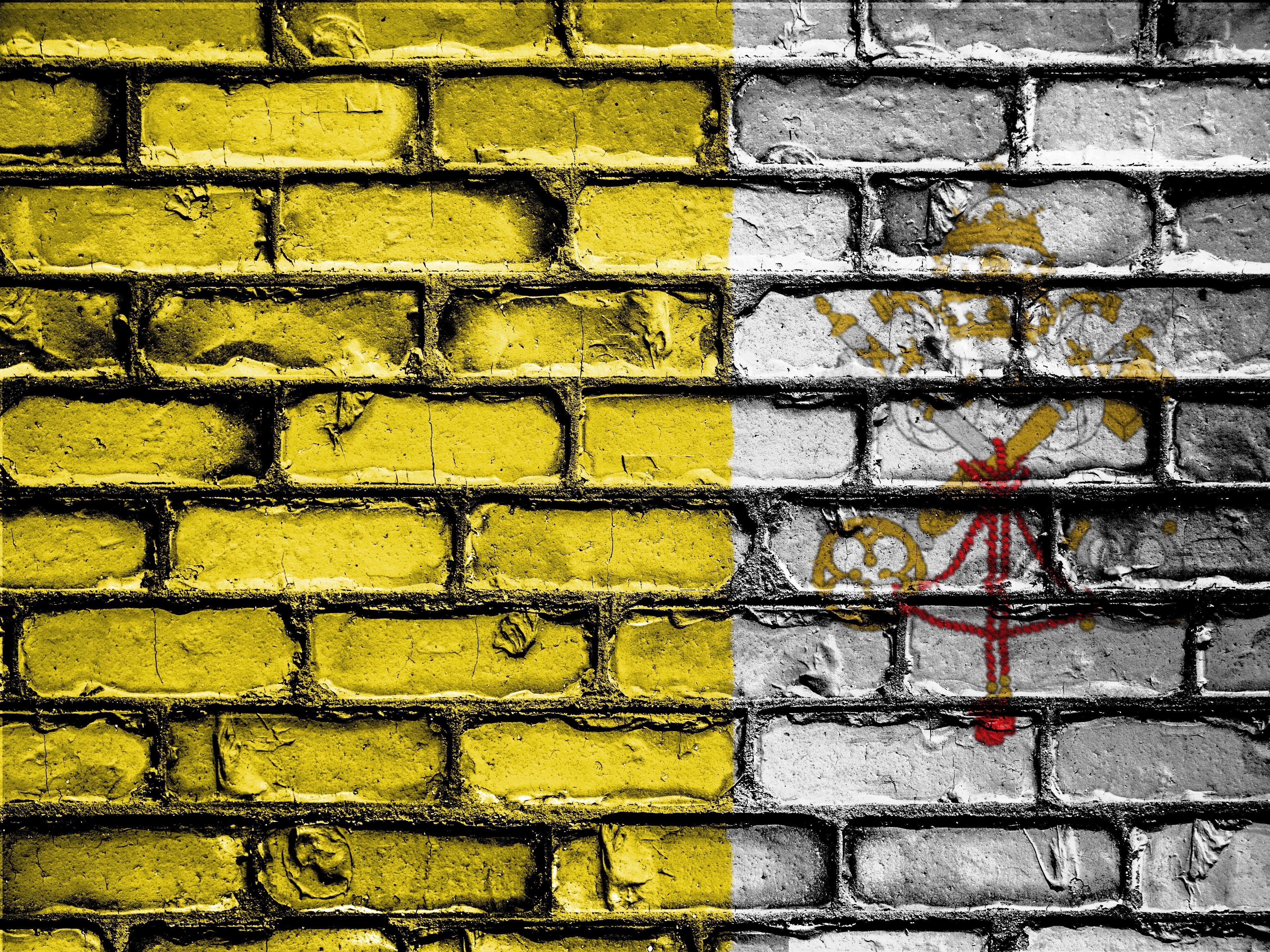 brick, day, art and craft, banner, emblem, patriotism, country, bricks, patriot, graffiti, yellow, holy see, building exterior, architecture, 4K, creativity, HD Wallpaper