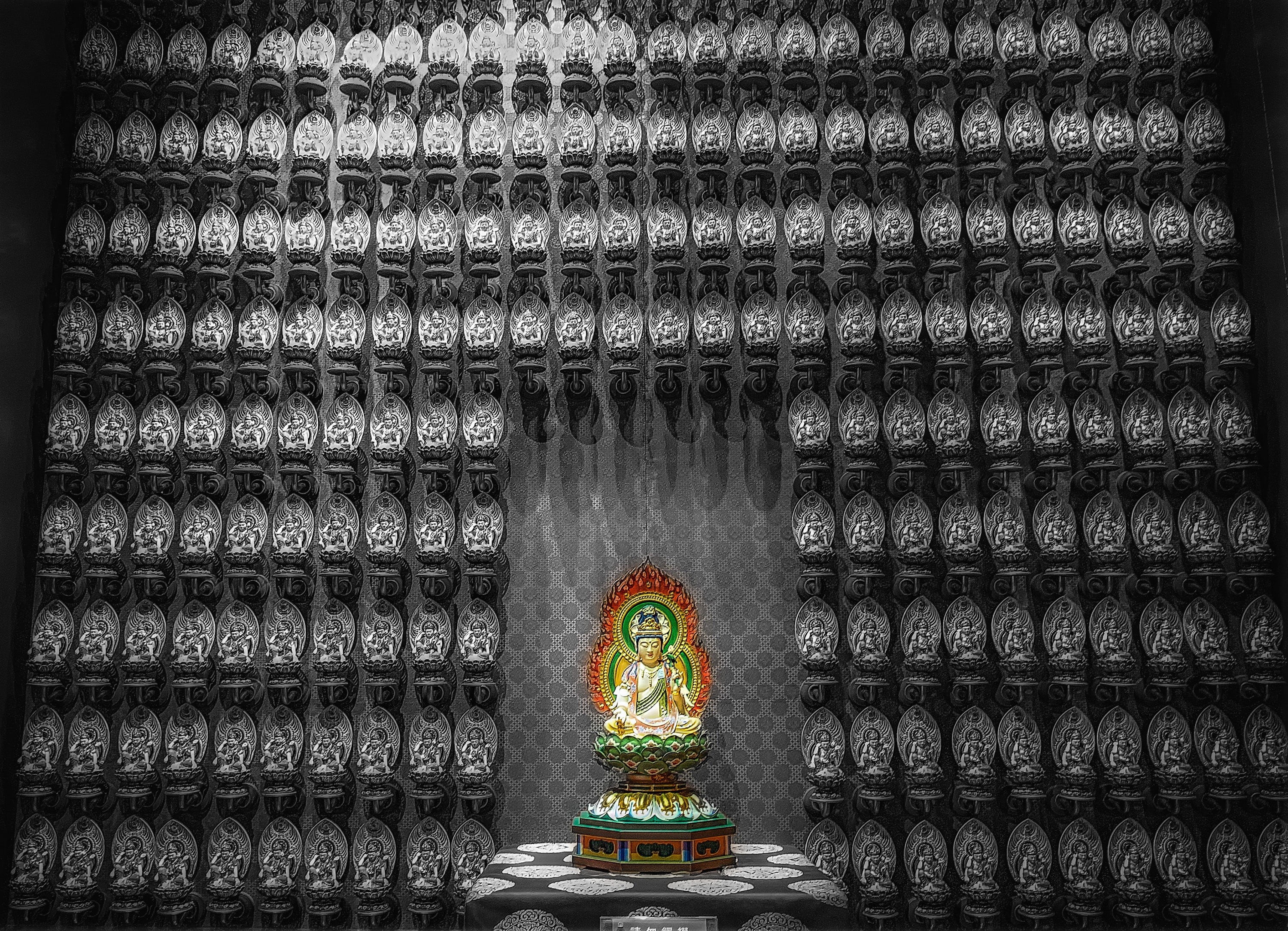 buddhist figure, architecture, built structure, sculpture, buddhist, pattern, religion, 2K, art and craft, holy, belief, pray, representation, statue, HD Wallpaper