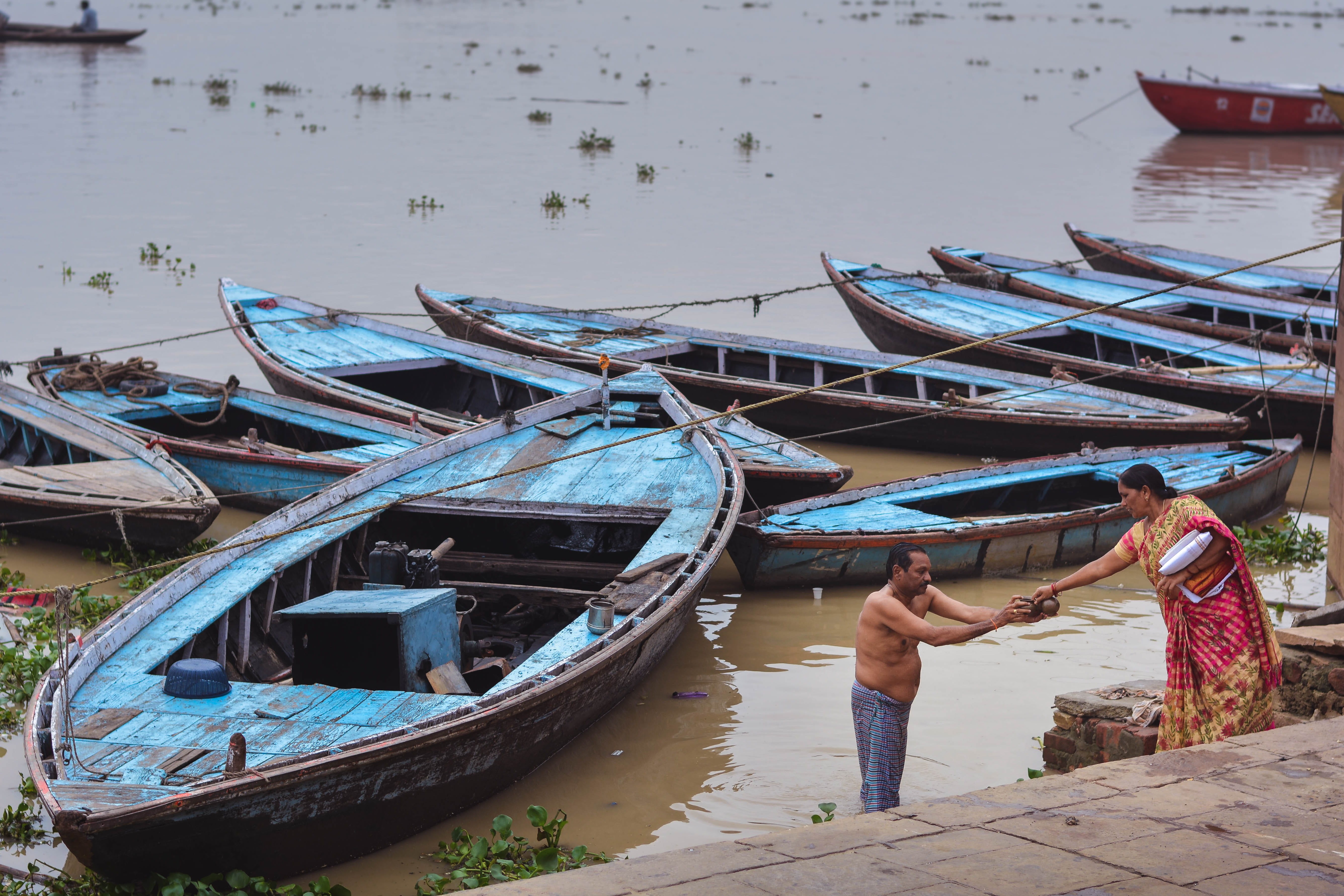 river, varanasi, moored, real people, nature, casual clothing, ritual, rear view, 5K, yagya, day, couple, water, pure, transportation, leisure activity, HD Wallpaper