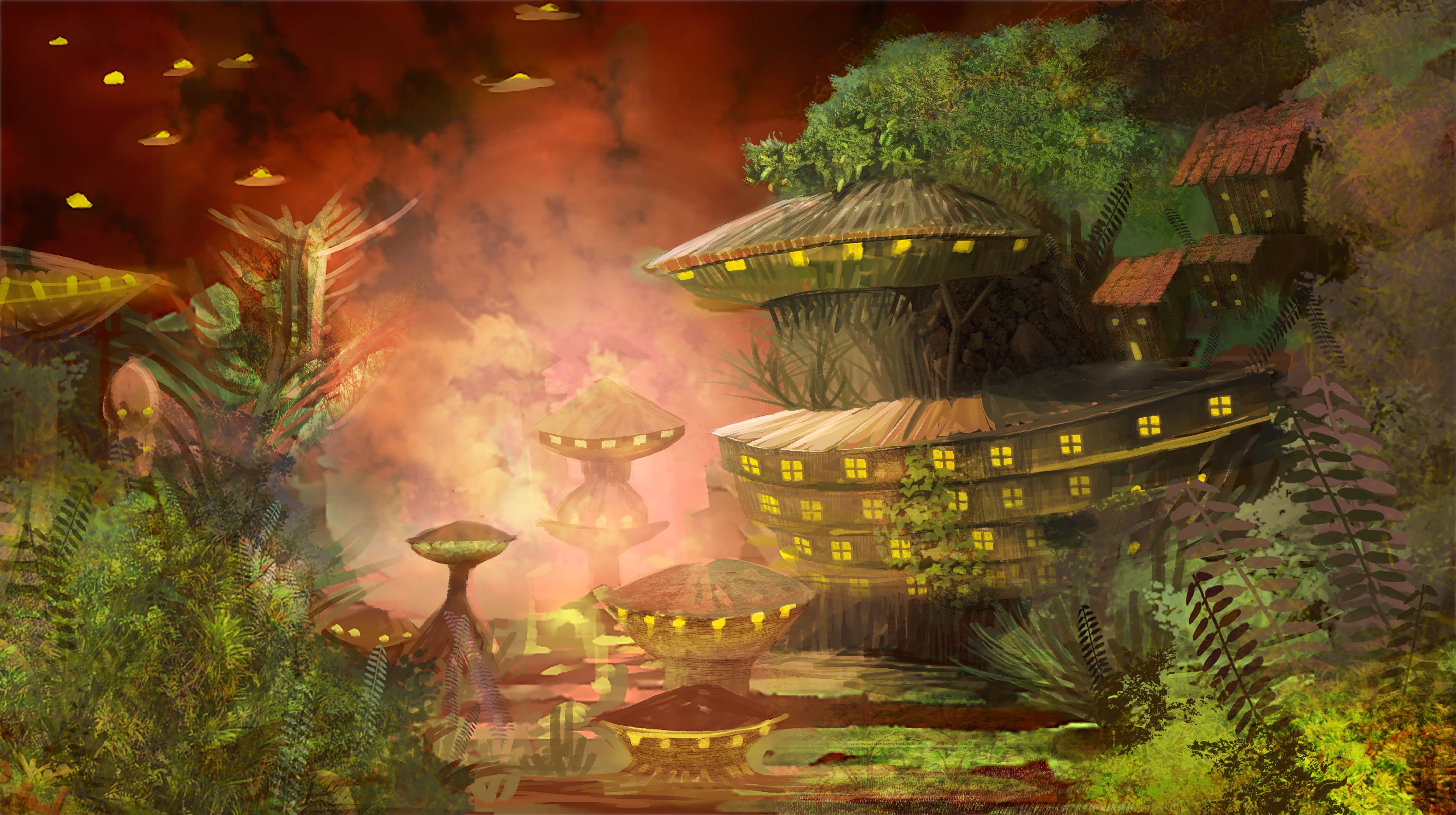 aliens, painting, trees, fantasy art, digital art, Raphael Vanhomwegen, village, nature, 4K, futuristic city, futuristic, HD Wallpaper