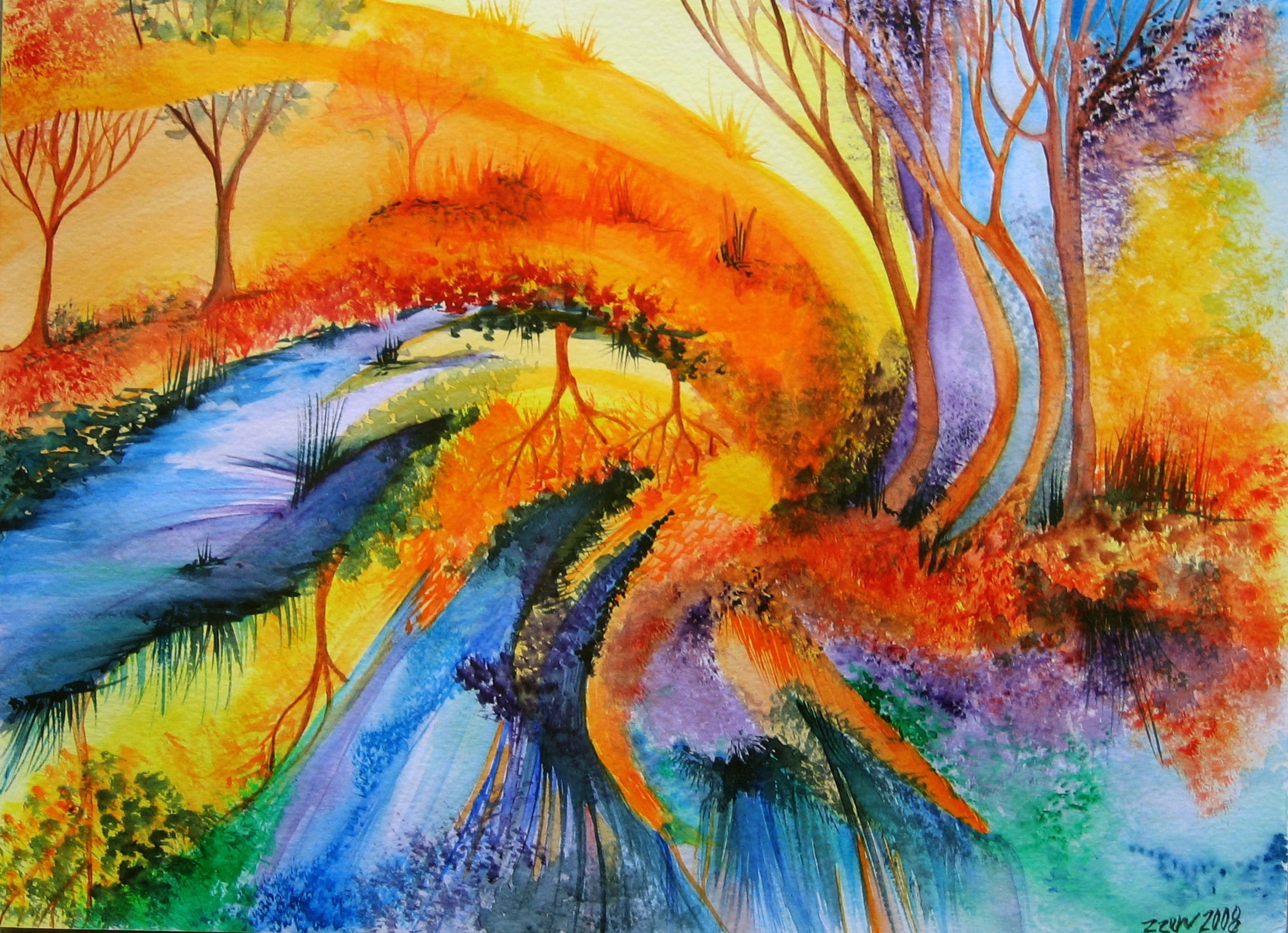 multi colored, nature, trees, beauty in nature, vibrant color, abstract, full frame, paintings, water, 2008 (Year), backgrounds, yellow, close-up, creativity, HD Wallpaper