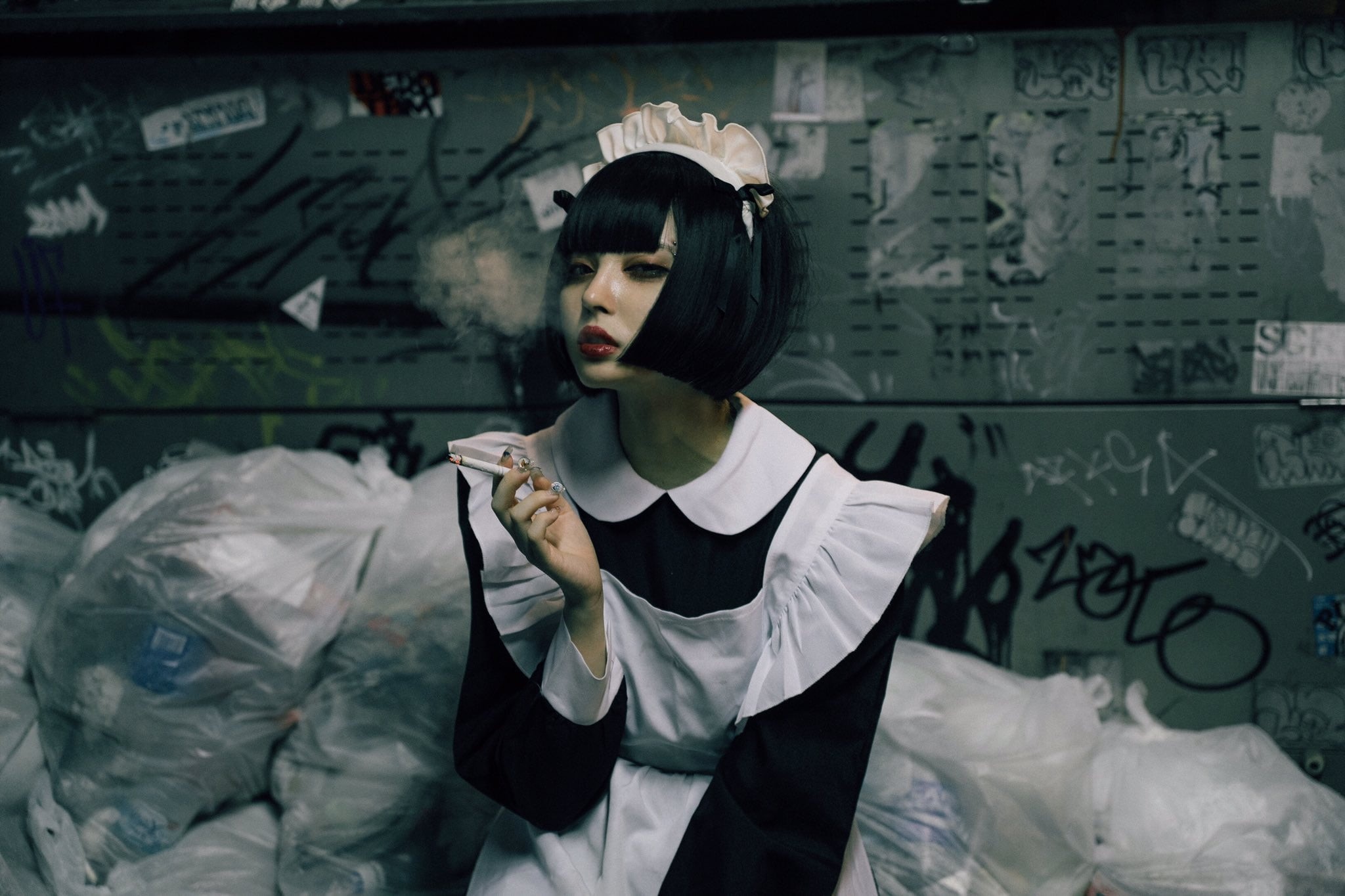 1080P, Asian, women, cosplay, maid, Jui, trash, smoking, graffiti, HD Wallpaper