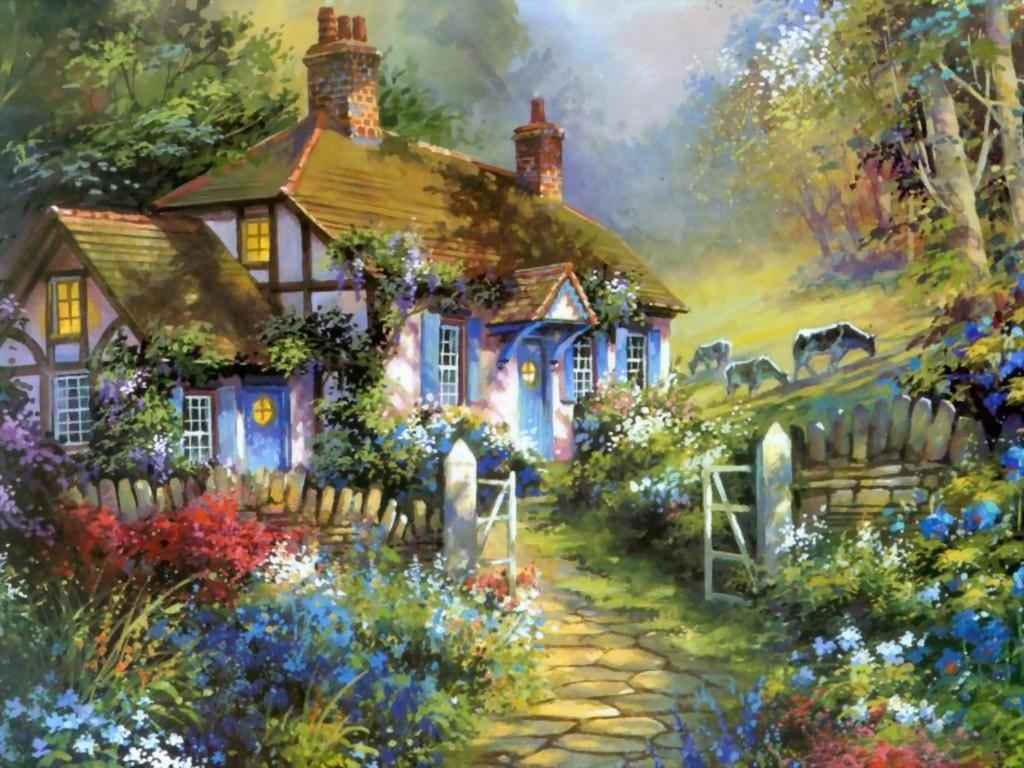 architecture, 480P, hd, gardens, art, thomas, Garden, cottage, Kinkade, HD Wallpaper