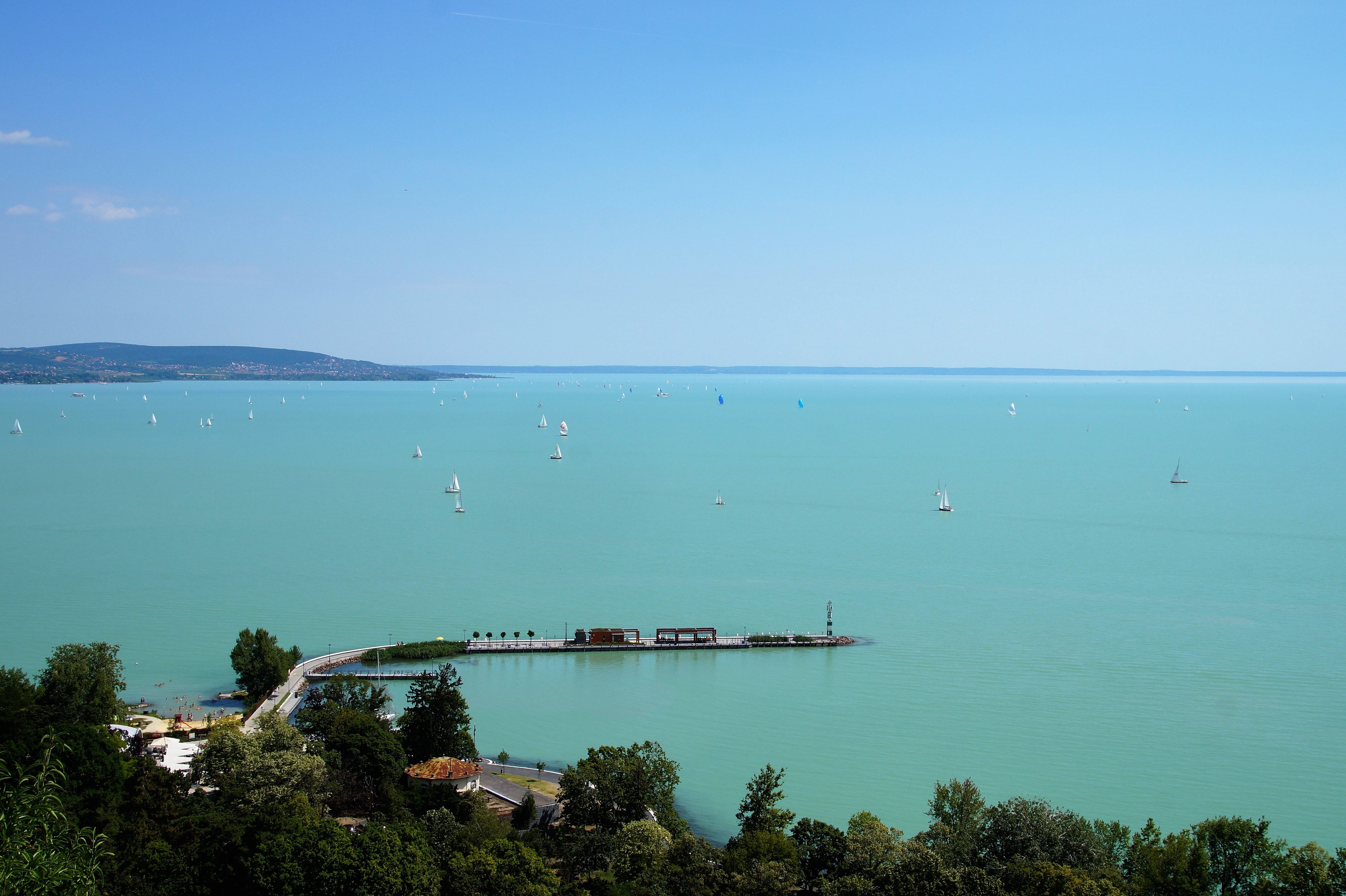 tranquility, turquoise colored, tranquil scene, Lake, horizon over water, high angle view, balaton, transportation, Water, clear sky, sailboat, nature, HD Wallpaper