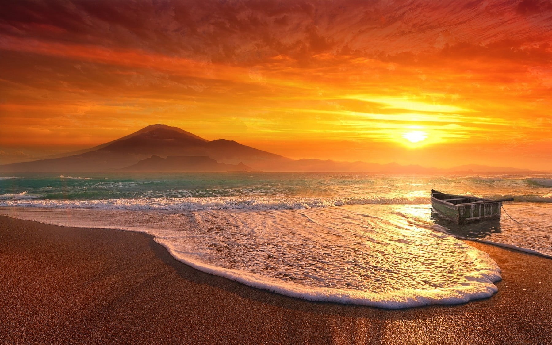 outdoors, brown, sand, sunset, waves, 720P, beauty in nature, sea, house, nature, sky, orange color, boat, mist, tranquil scene, scenics - nature, landscape, HD Wallpaper
