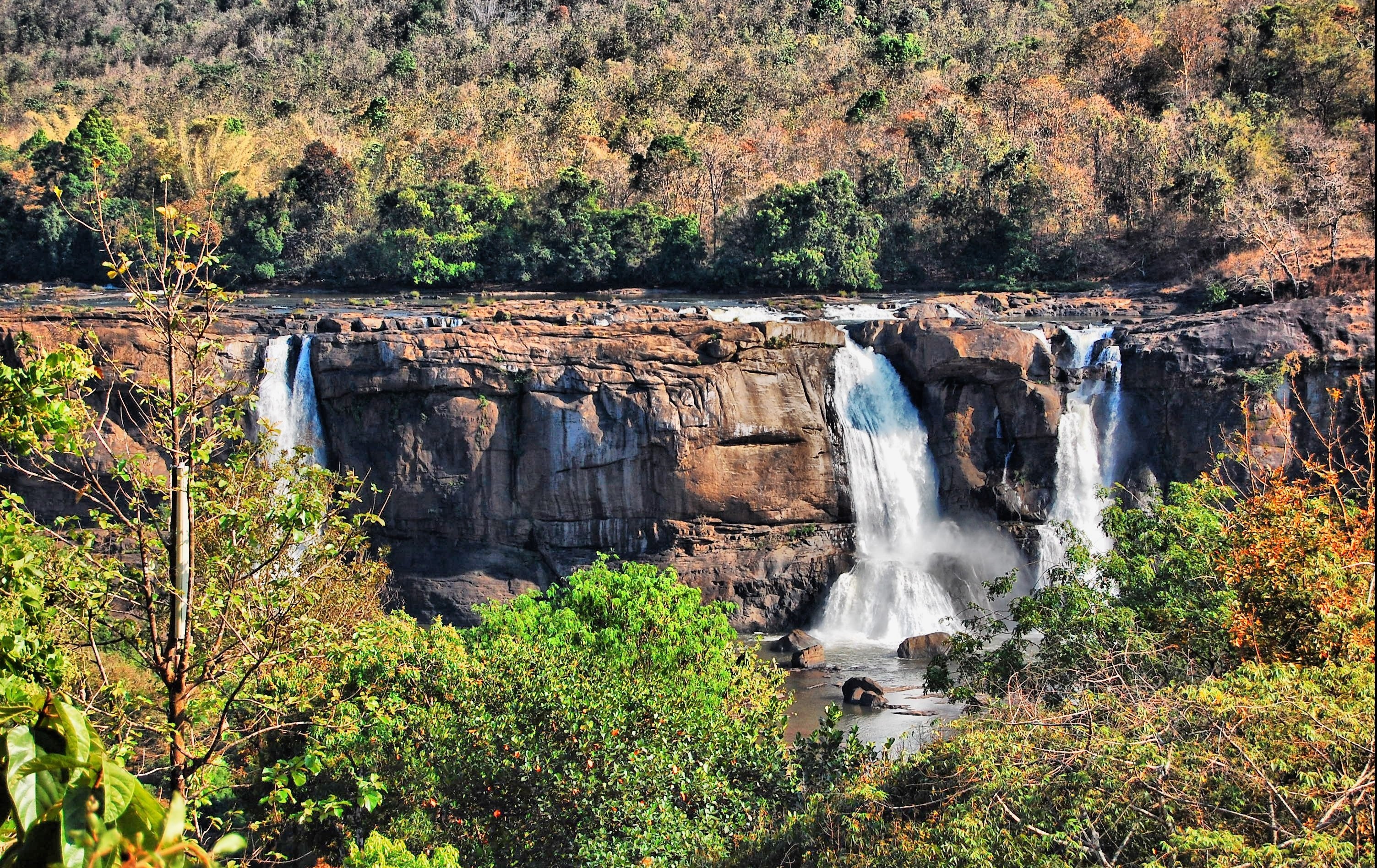 athirappilly, outdoors, cliff, rock formation, non-urban scene, falling, no people, power in nature, tree, athirappilly panchayath, plant, river, forest, HD Wallpaper
