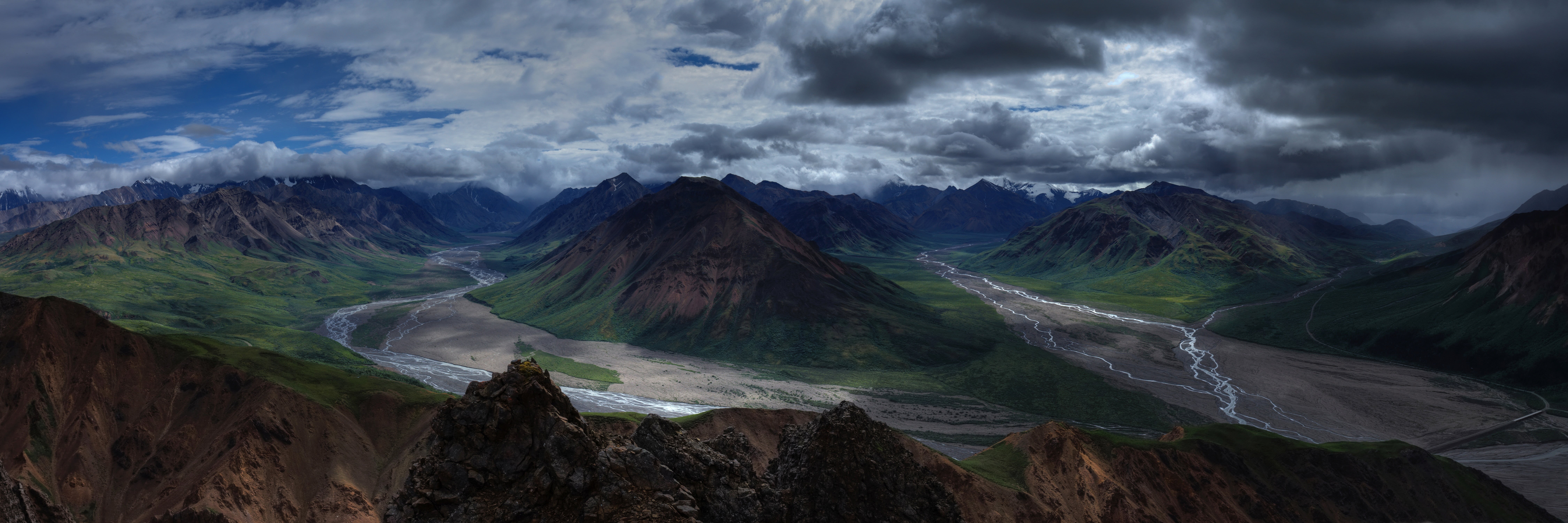 panorama, storm, scenics - nature, beauty in nature, 8K, mountains, mountain range, panoramic, mountain peak, nature, denali, travel destinations, toklat river, HD Wallpaper