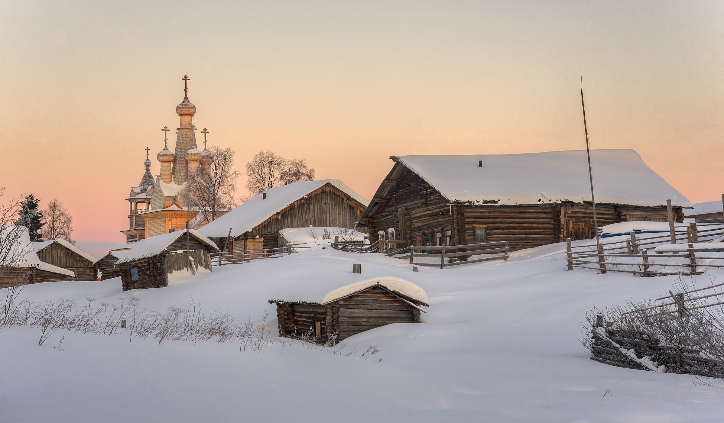 sunset, snow, field, house, no people, cold temperature, land, covering, residential district, built structure, church, building exterior, village, architecture, HD Wallpaper