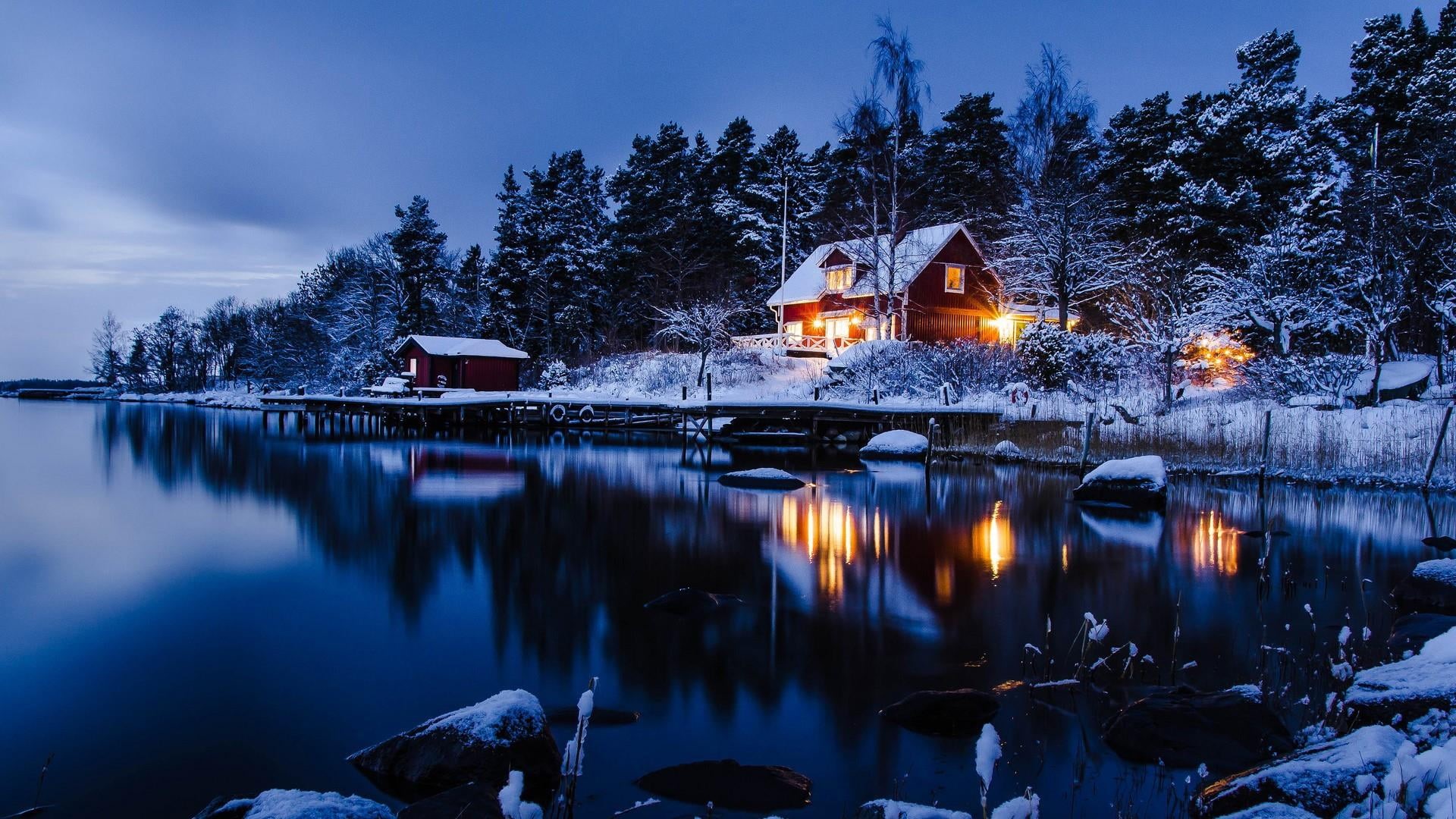 scenics - nature, water, shore, architecture, snow, tranquility, outdoors, 1080P, evening, sky, night, tree, building exterior, reflection, lake, nature, HD Wallpaper