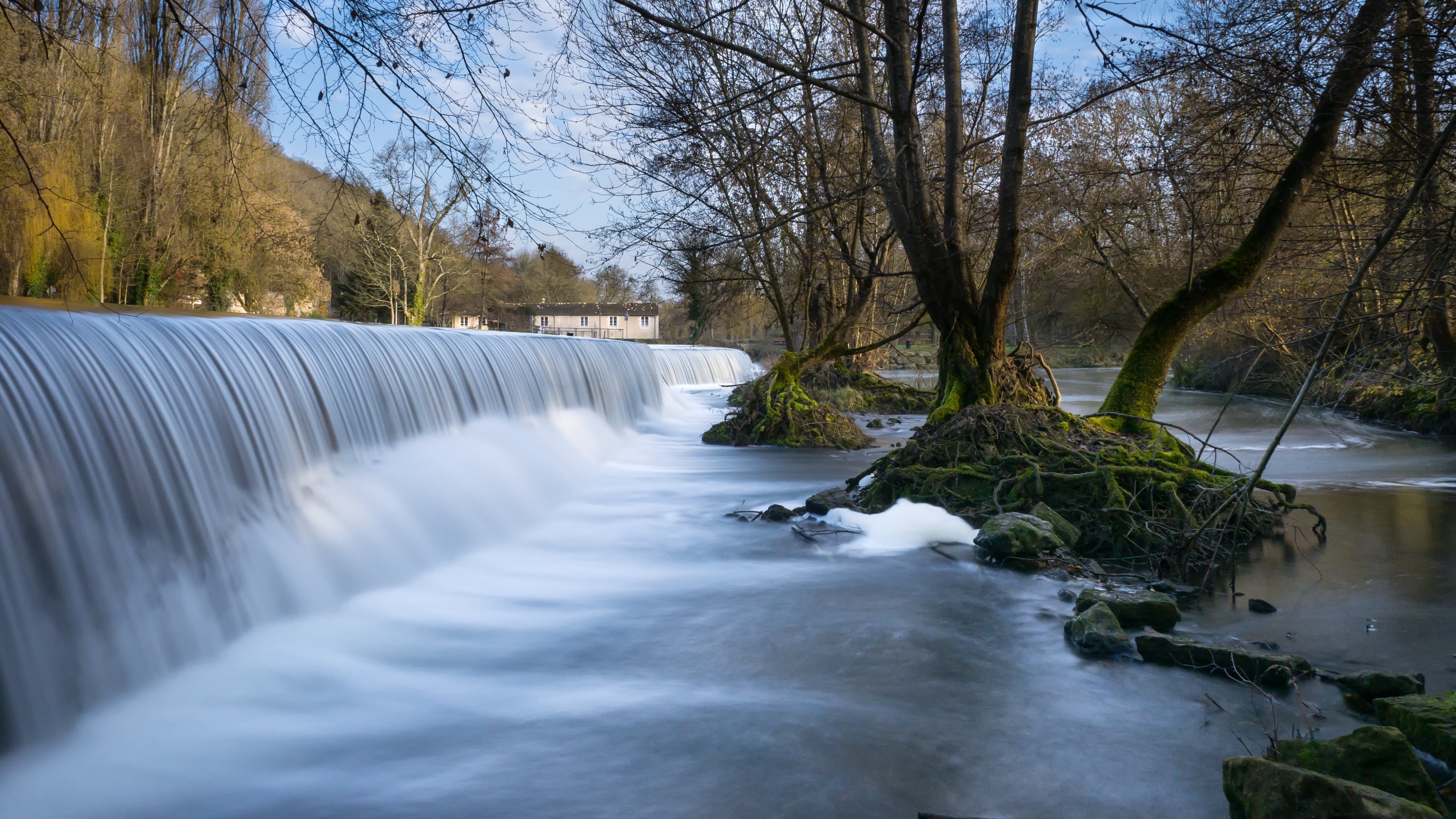 stream, waterfall, waterfalls, trees, photography, river, 4K, nature, surrounded, water, lapse, bare, daytime, scenics, tree, falling, time, forest, HD Wallpaper