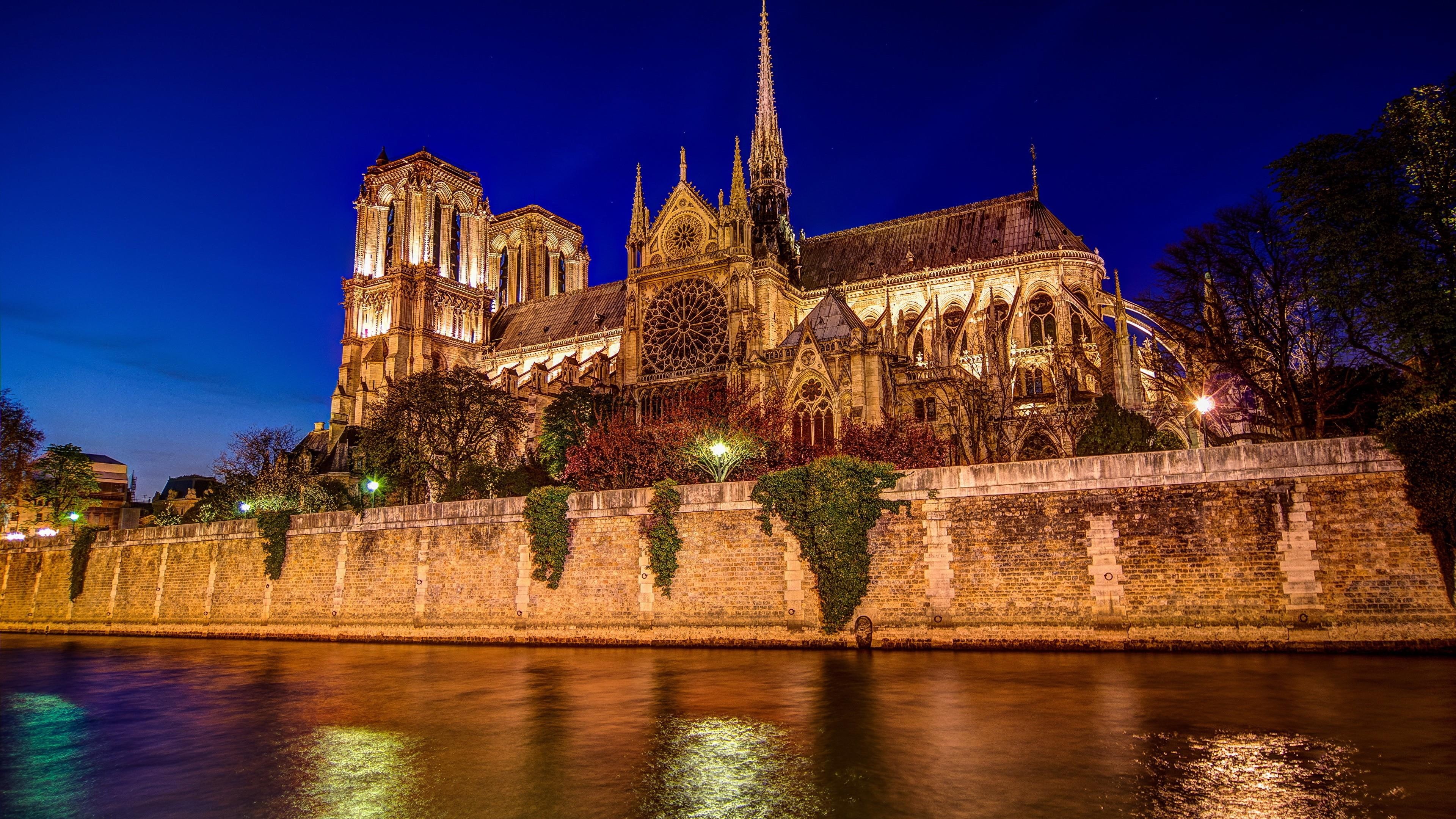 4K, europe, tourist attraction, building, notre dame, architecture, cathedral, paris, night, france, HD Wallpaper