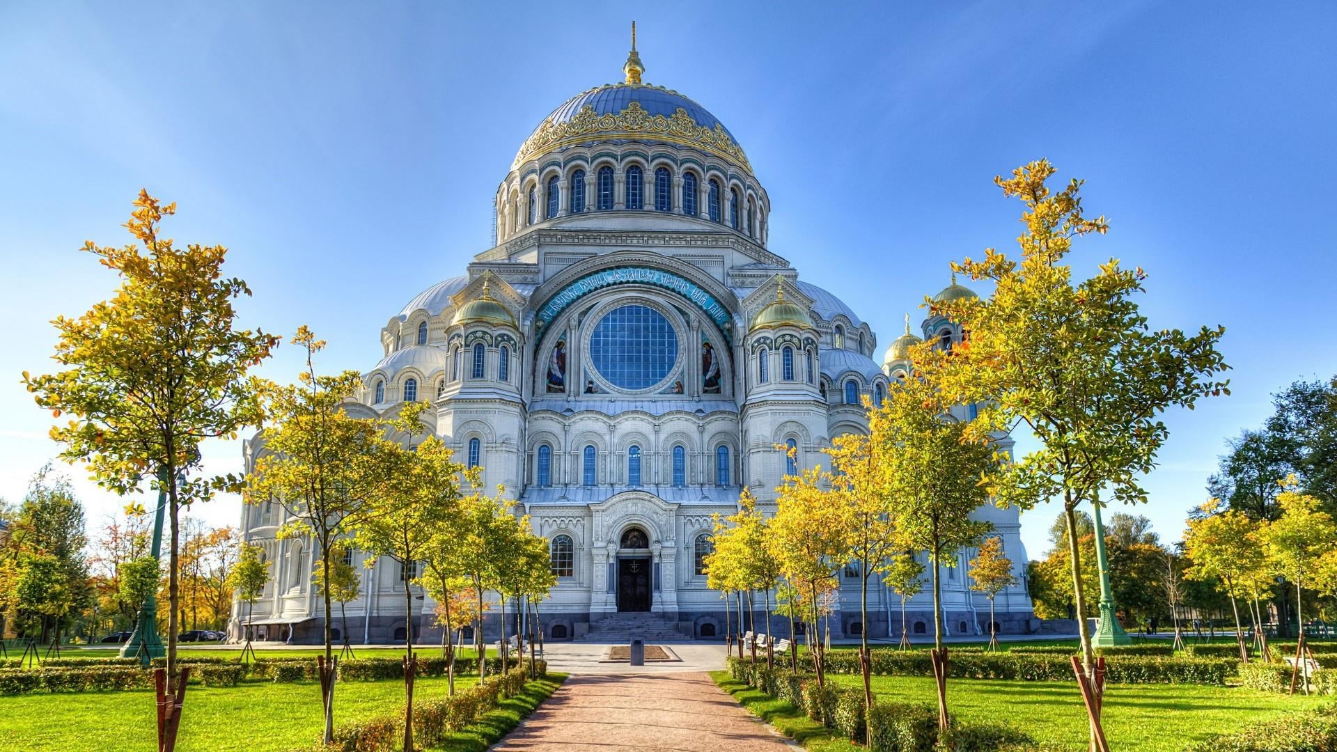 naval cathedral of saint nicholas, plant, st nicholas cathedral, landmark, tree alley, blue, orthodox cathedral, religion, daytime, tree, built structure, HD Wallpaper