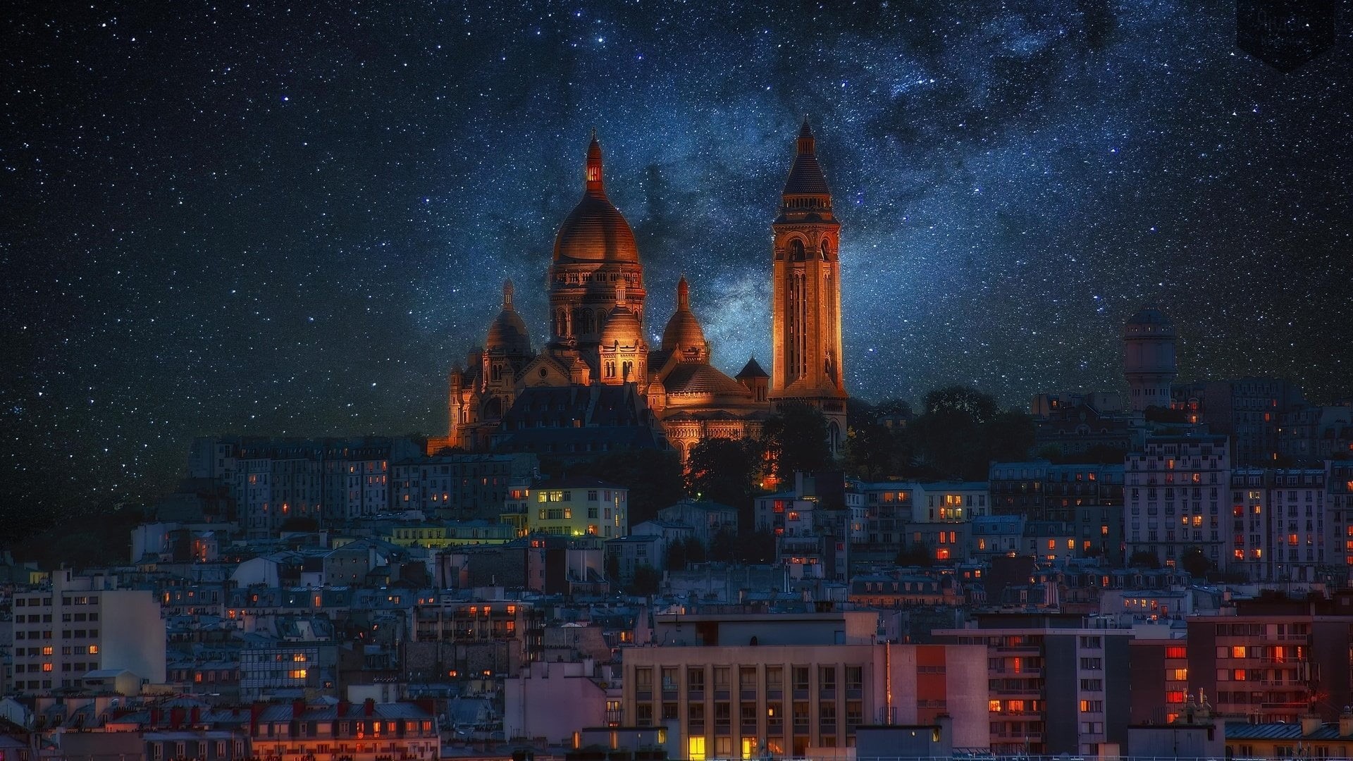 star - space, Night, tower, Stars, architecture, outdoors, building exterior, Basilicas , place of worship, Cityscape, France, illuminated, spirituality, HD Wallpaper
