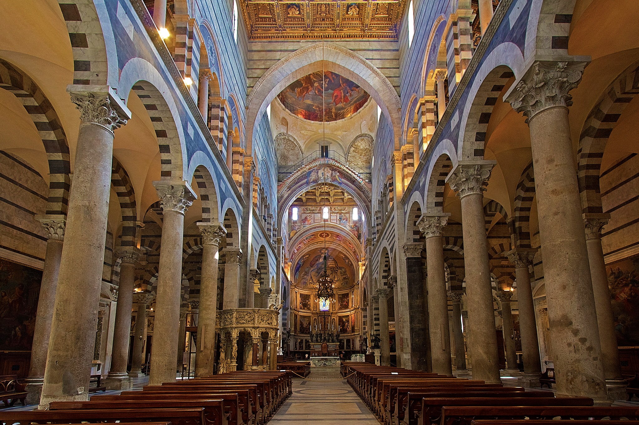the nave, religion, 1080P, Cathedral, columns, Italy, Tuscany, Pisa, bench, HD Wallpaper