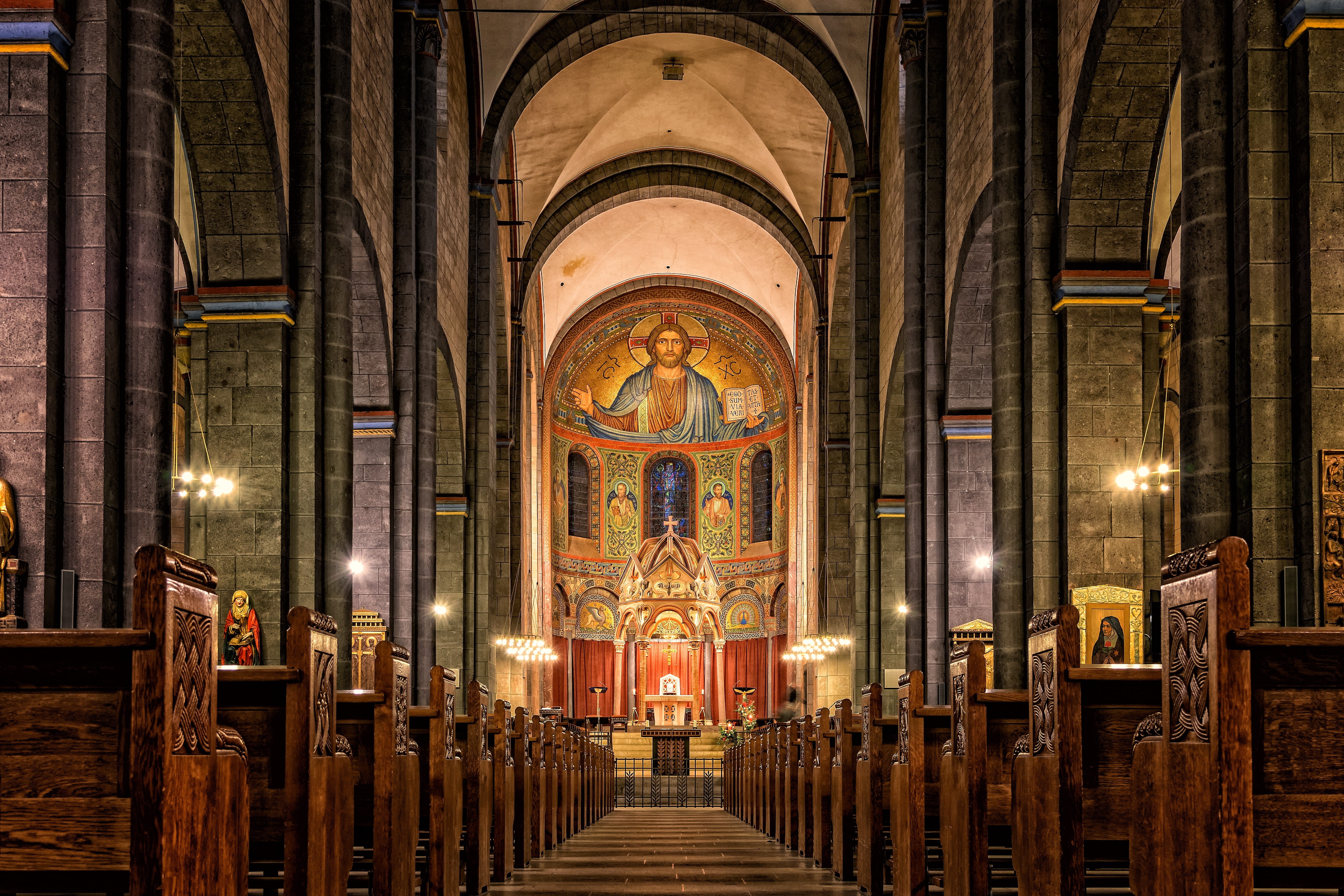 spirituality, in a row, indoors, christianity, faith, ornate, history, belief, church, illuminated, nave, brown, altar, built structure, house of worship, HD Wallpaper