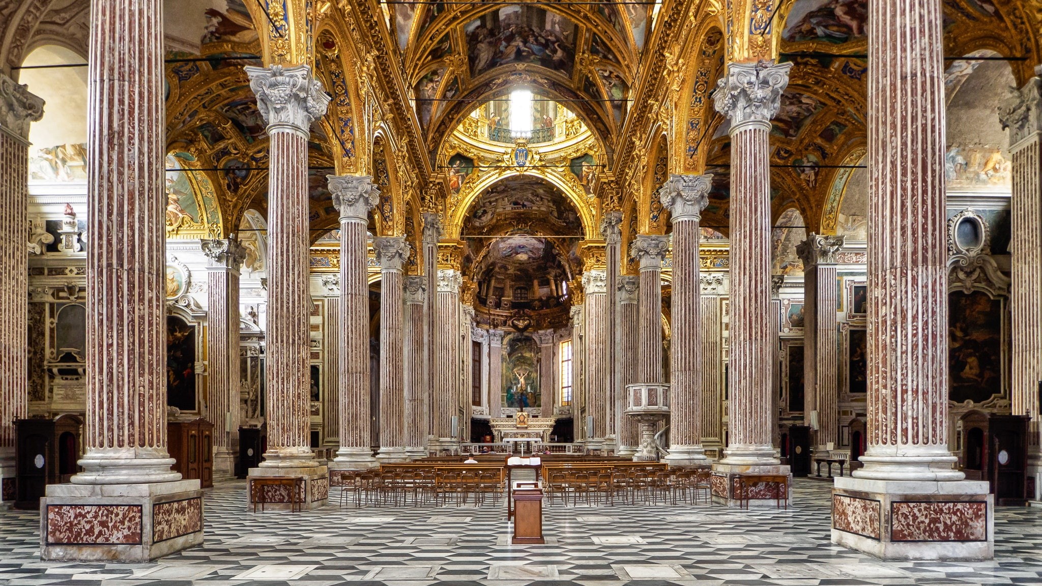 1080P, Santissima Annunziata del Vastato, the nave, Basilica, bench, Italy, columns, Genoa, HD Wallpaper
