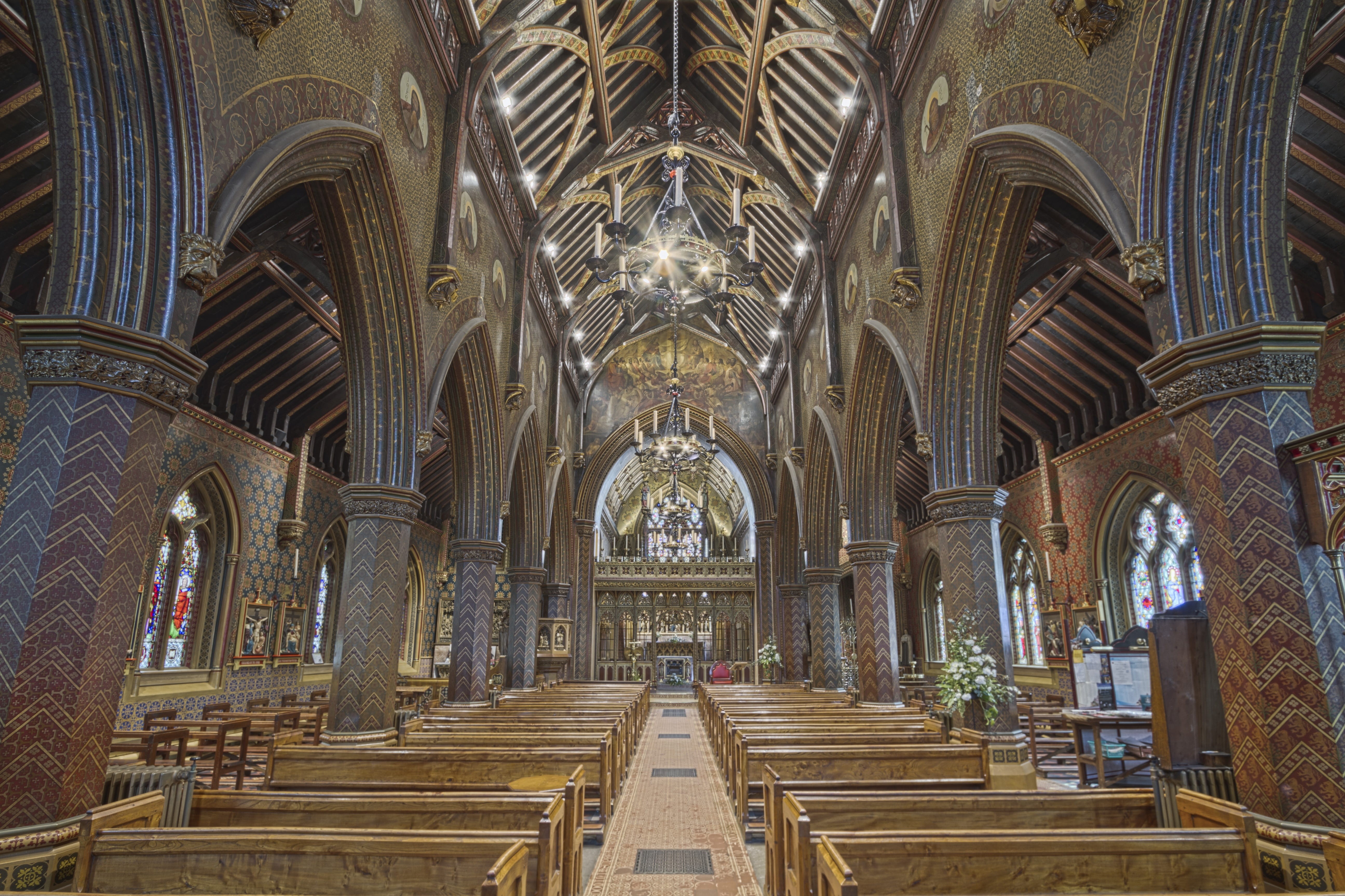 arches, beautiful, spirituality, pugin, architecture, no people, indoors, pew, 5K, interior, place of worship, historical, room, building, travel destinations, HD Wallpaper