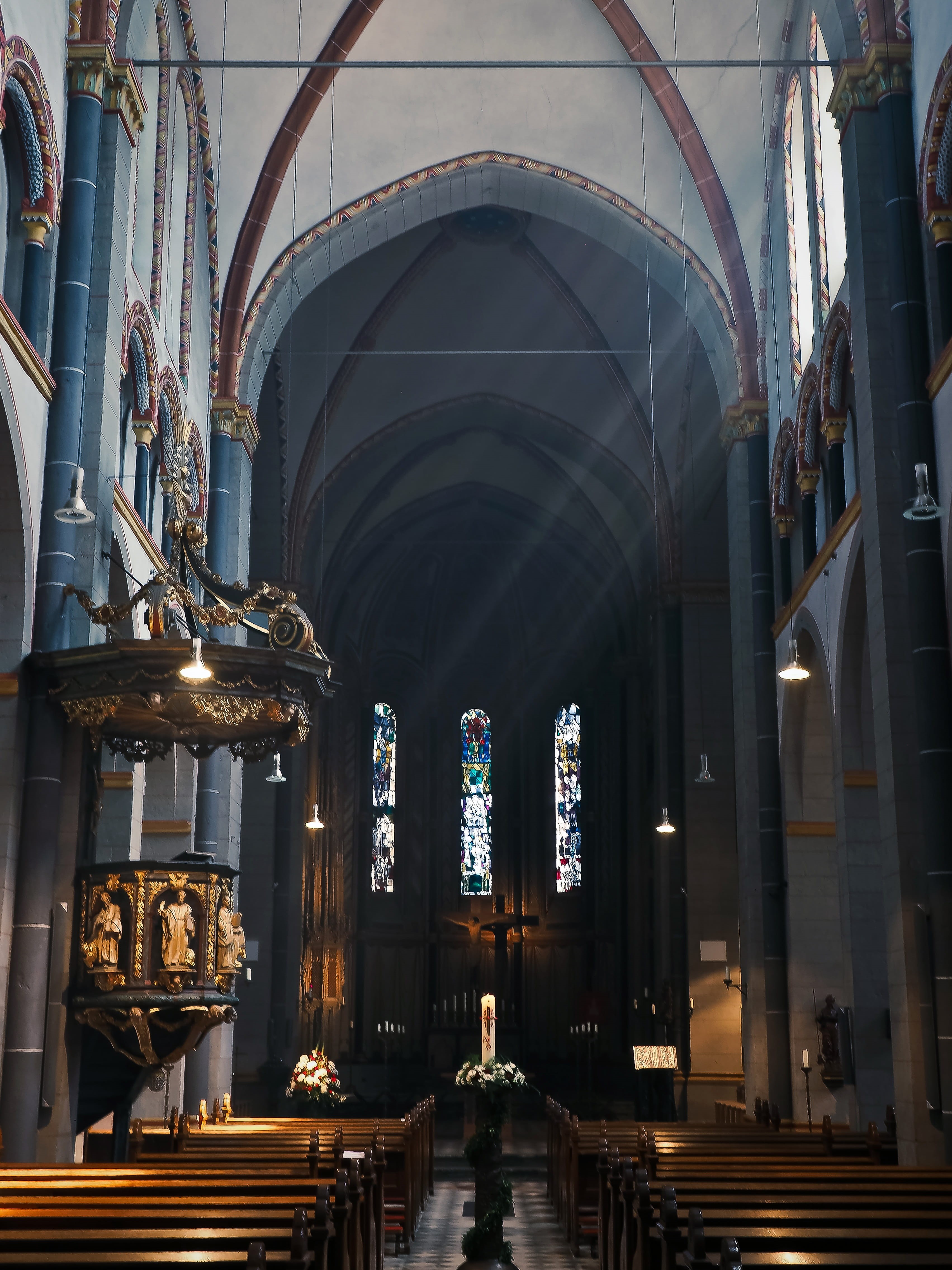 Architecture, stained glass, house of worship, ceiling, spirituality, 4K, baroque, aisle, church, sunbeam, pew, indoors, church buildings, history, christen, Phone HD Wallpaper