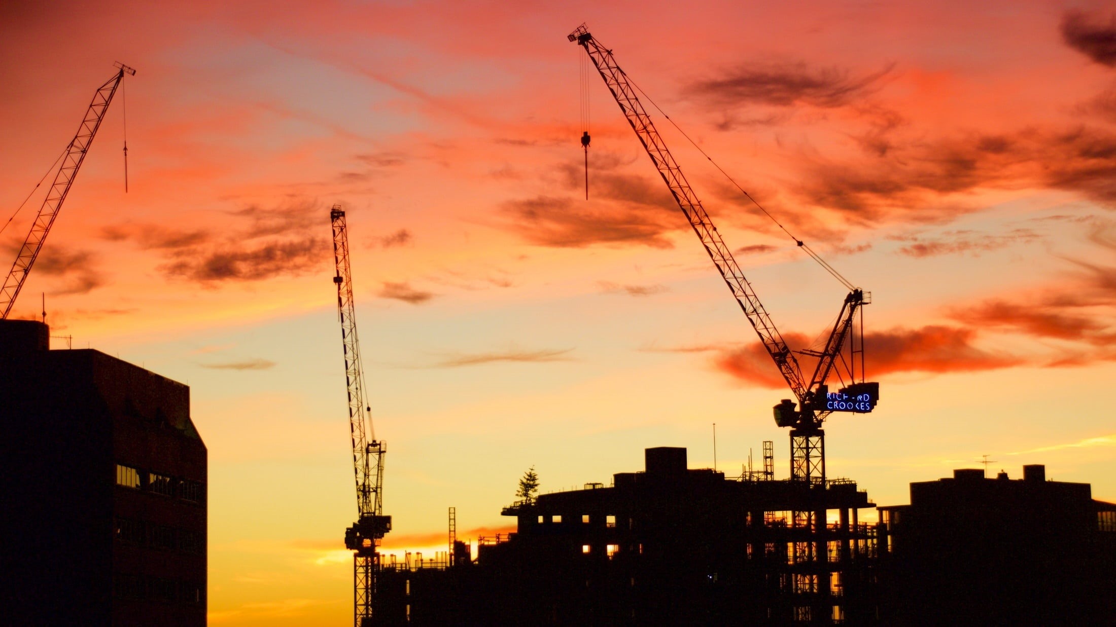sunset, city, orange color, crane, cranes, canes, dawn, construction site, sunrise, construction, construction machinery, urban, silhouette, construction equipment, HD Wallpaper