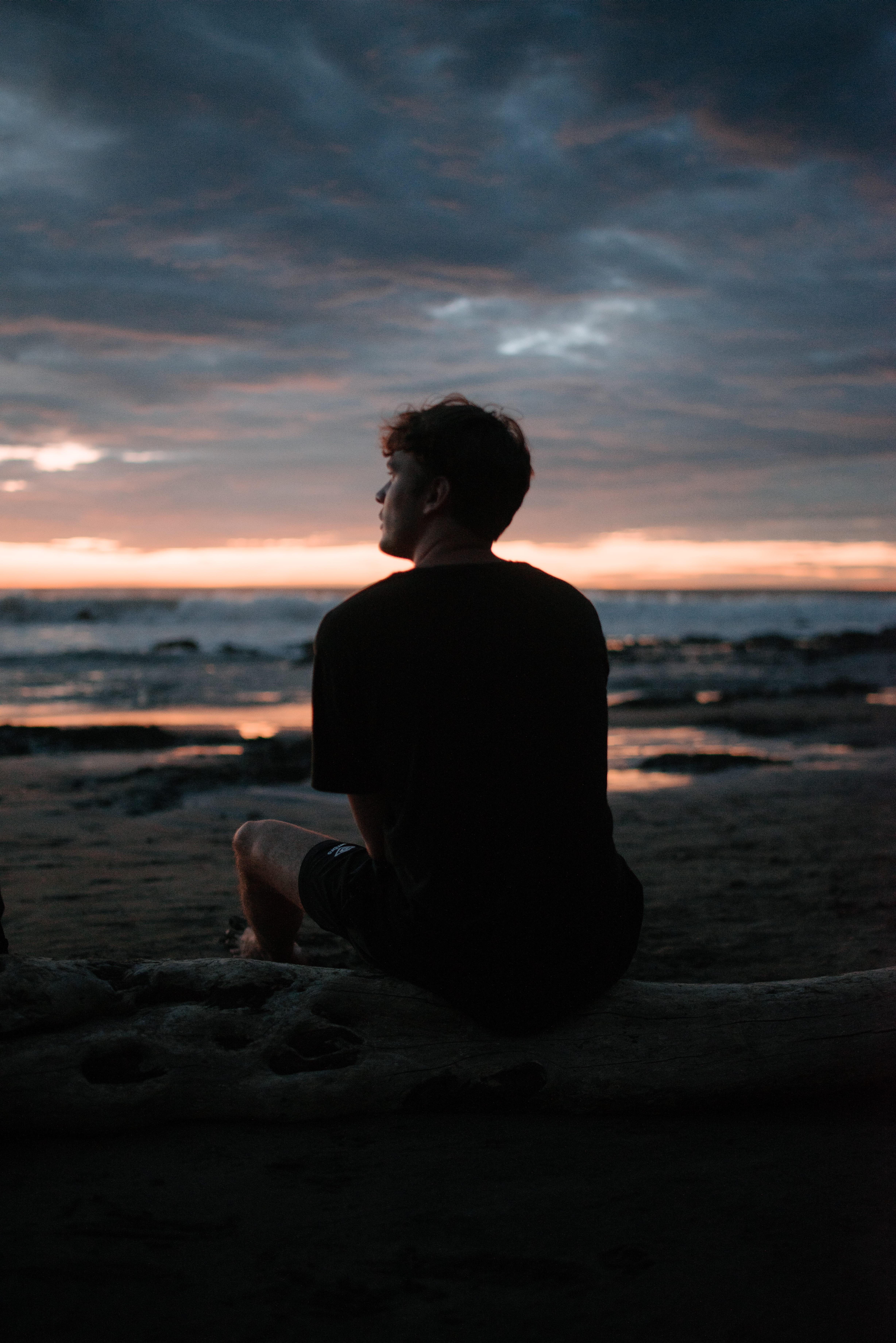 land, sea, man, rear view, human, person, dusk, nature, outdoors, back, red sky, worship, real people, photo, sunlight, one person, light, contemplation, Phone HD Wallpaper
