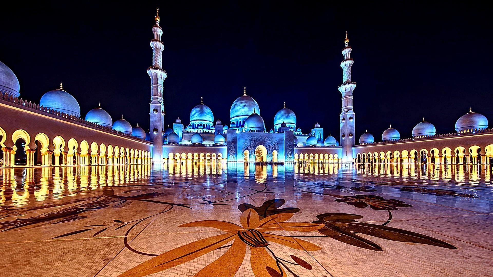 illuminated, landmark, sheikh zayed mosque, building exterior, blue lights, evening, architecture, travel destinations, abu dhabi, muslim, religion, history, HD Wallpaper