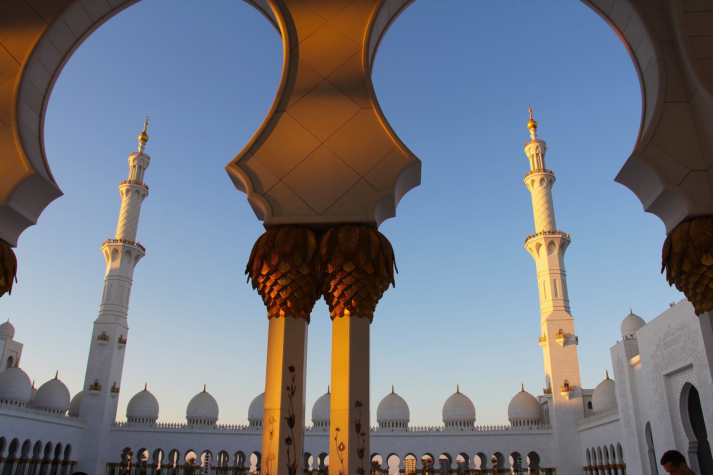 built structure, building exterior, muslim, religion, sunset, abu dhabi, dome, clear sky, building, amazing, mosque, architectural column, spirituality, HD Wallpaper