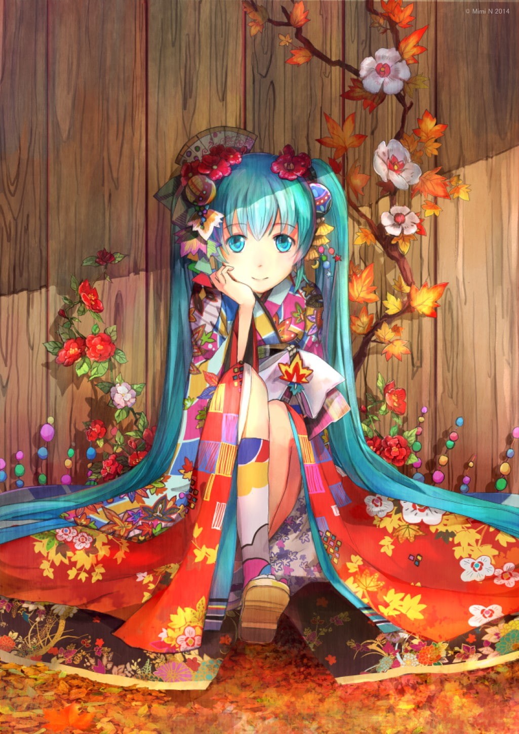 art and craft, celebration, traditional clothing, decoration, wood - material, anime, no people, craft, floral garland, Hatsune Miku, kimono, flower, human representation, Phone HD Wallpaper