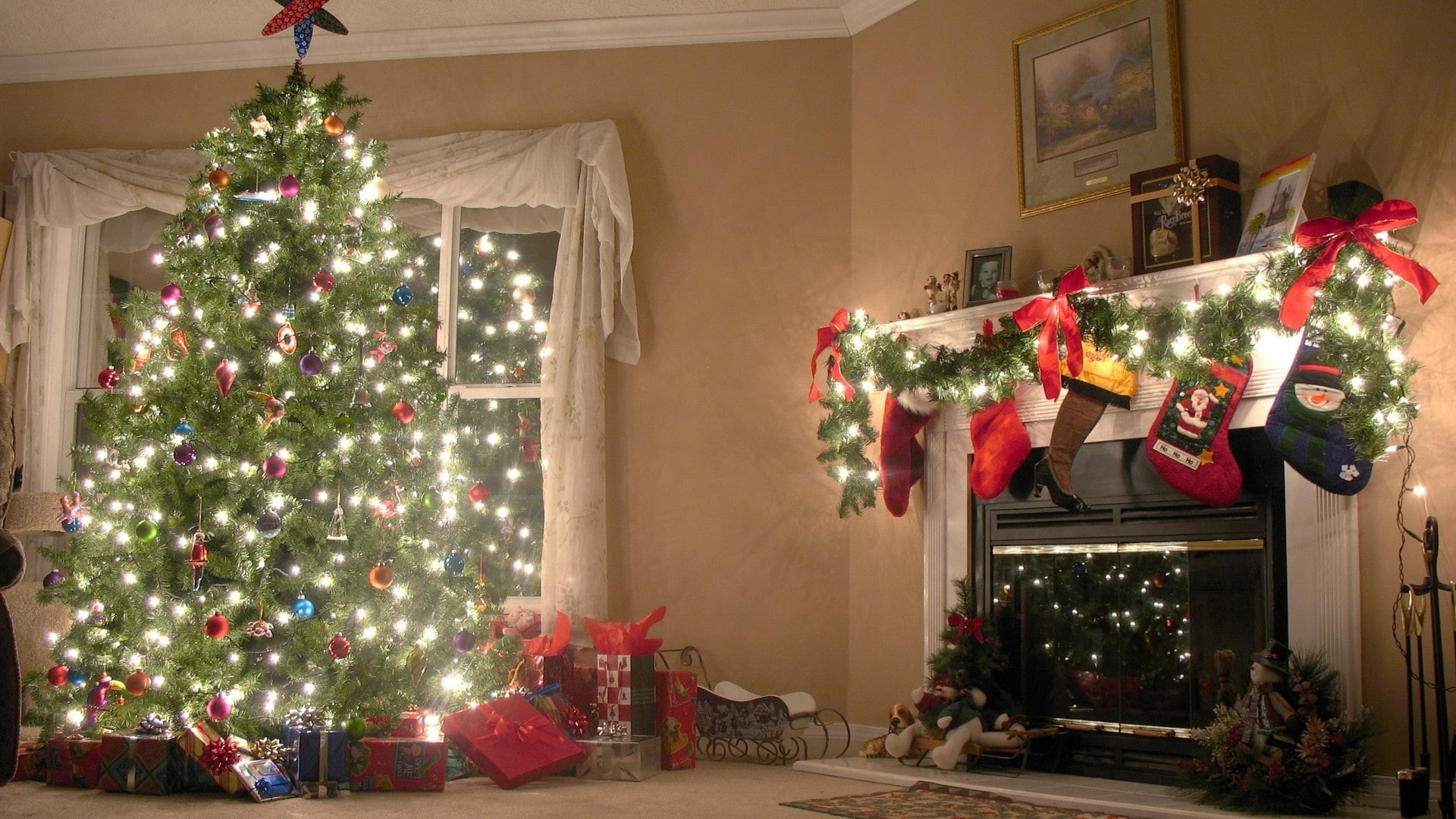 gift, Christmas tree, christmas, fireplace, illuminated, 1080P, christmas lights, tree, nature, indoors, decoration, New year, holiday - event, Decorations, HD Wallpaper