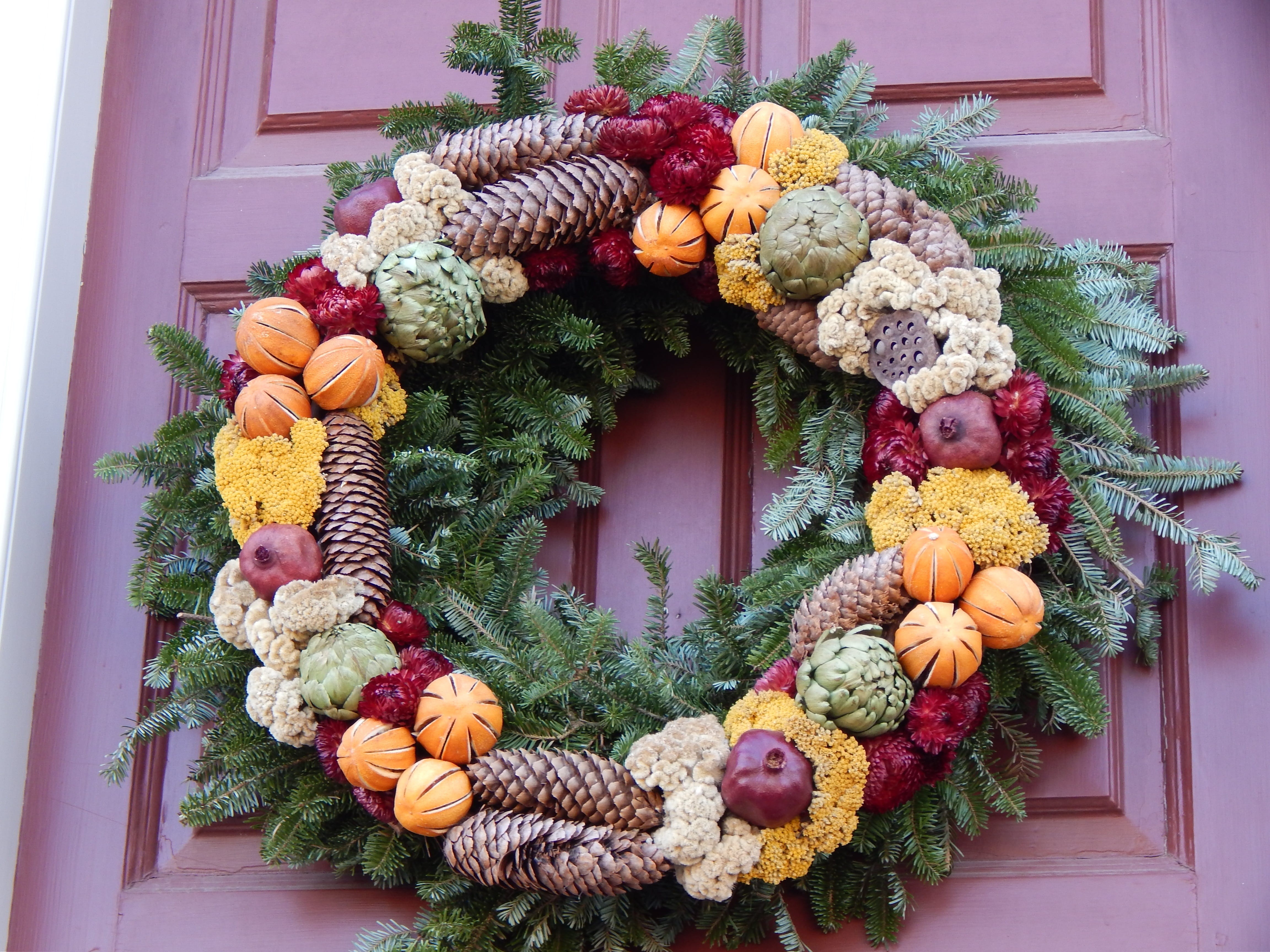 flowering plant, day, door, holiday decorations, winter, natural, outdoor, multi colored, cone, wreath, decoration, outdoors, flower arrangement, home, HD Wallpaper