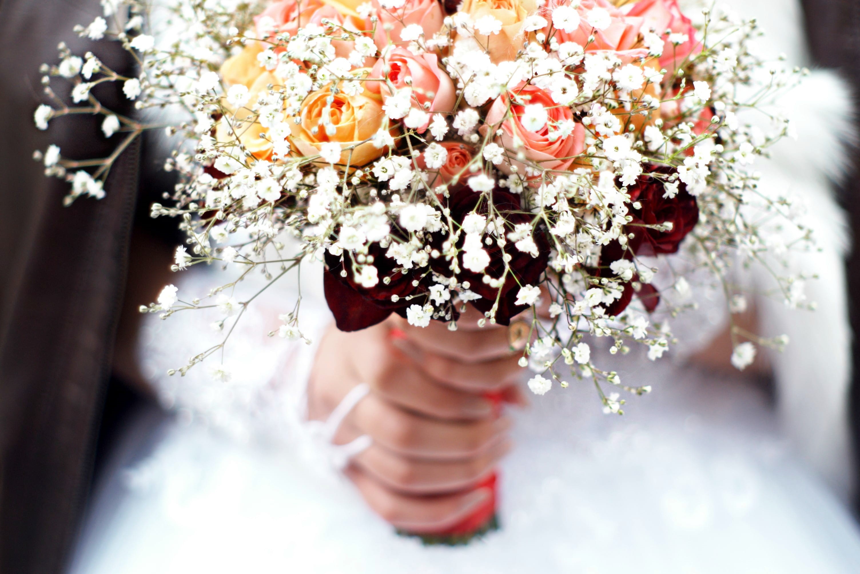 colors, selective focus, one person, fashion, blossom, nature, groom, beauty in nature, wedding, adult, floral garland, white, bride, dress, person, hand, HD Wallpaper