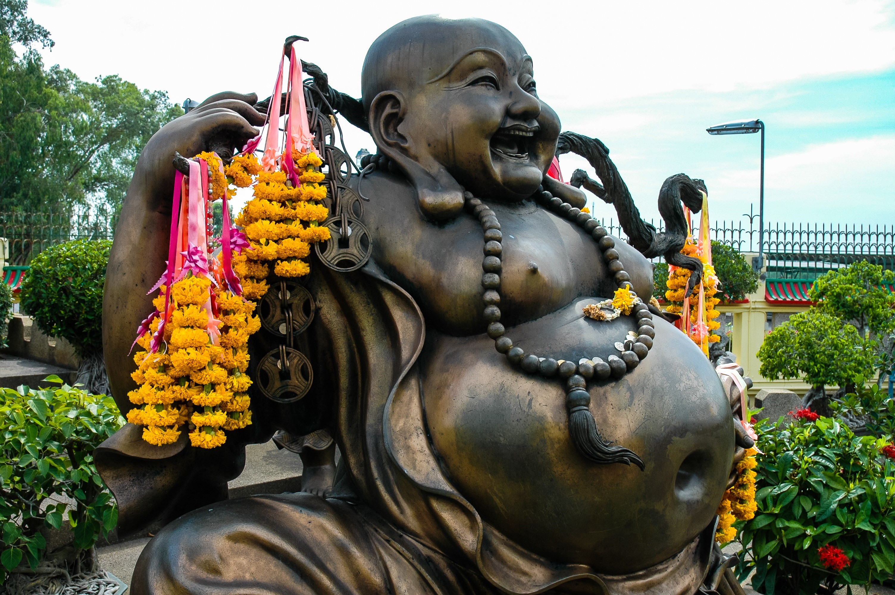 belief, representation, human representation, floral garland, male likeness, no people, art and craft, plant, broncefigur, religion, budai, fat belly, buddah, HD Wallpaper