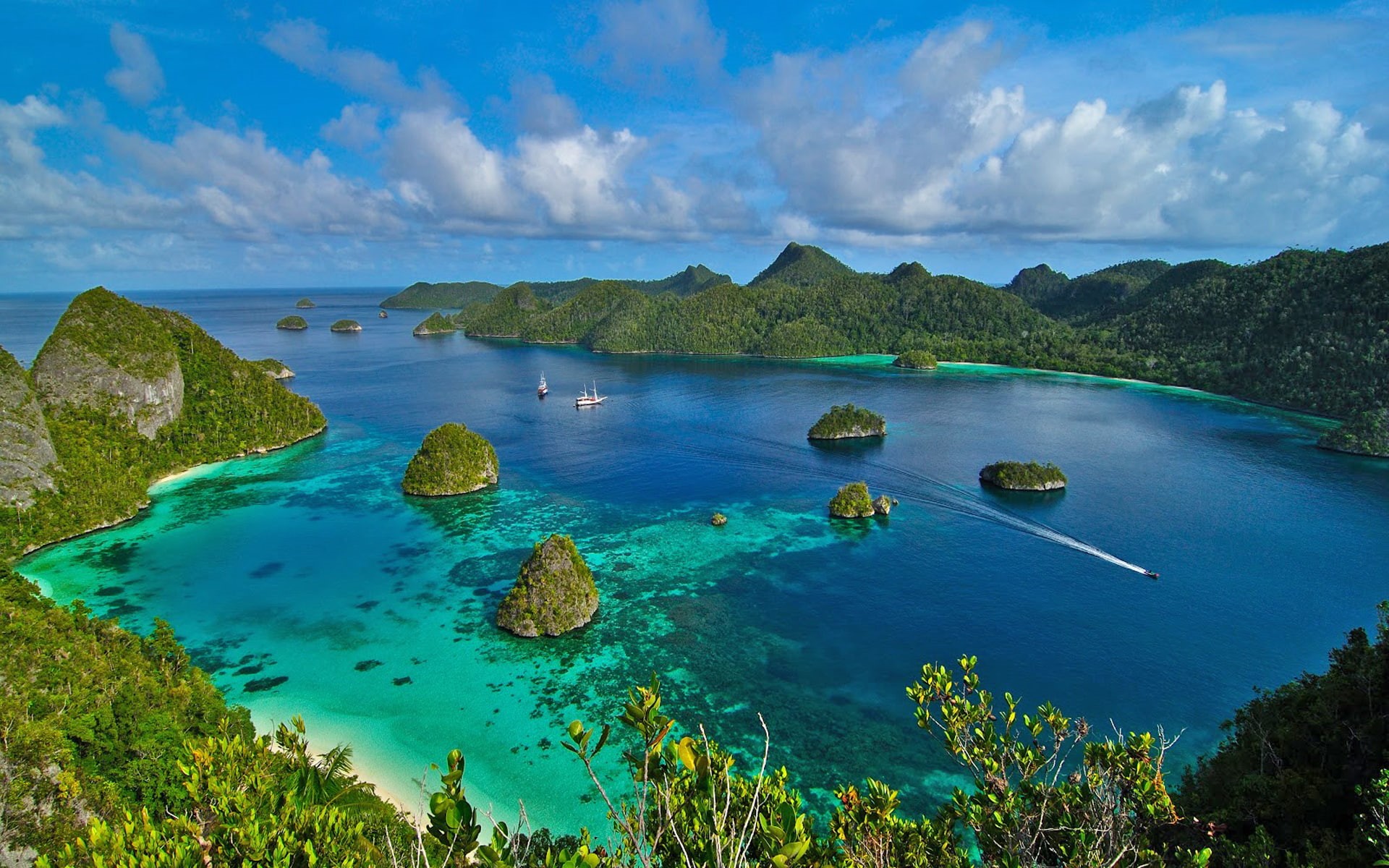 green, desktop, hd, ampat, indonesia, 1080P, bay, raja, ocean, lovely, islands, trees, HD Wallpaper