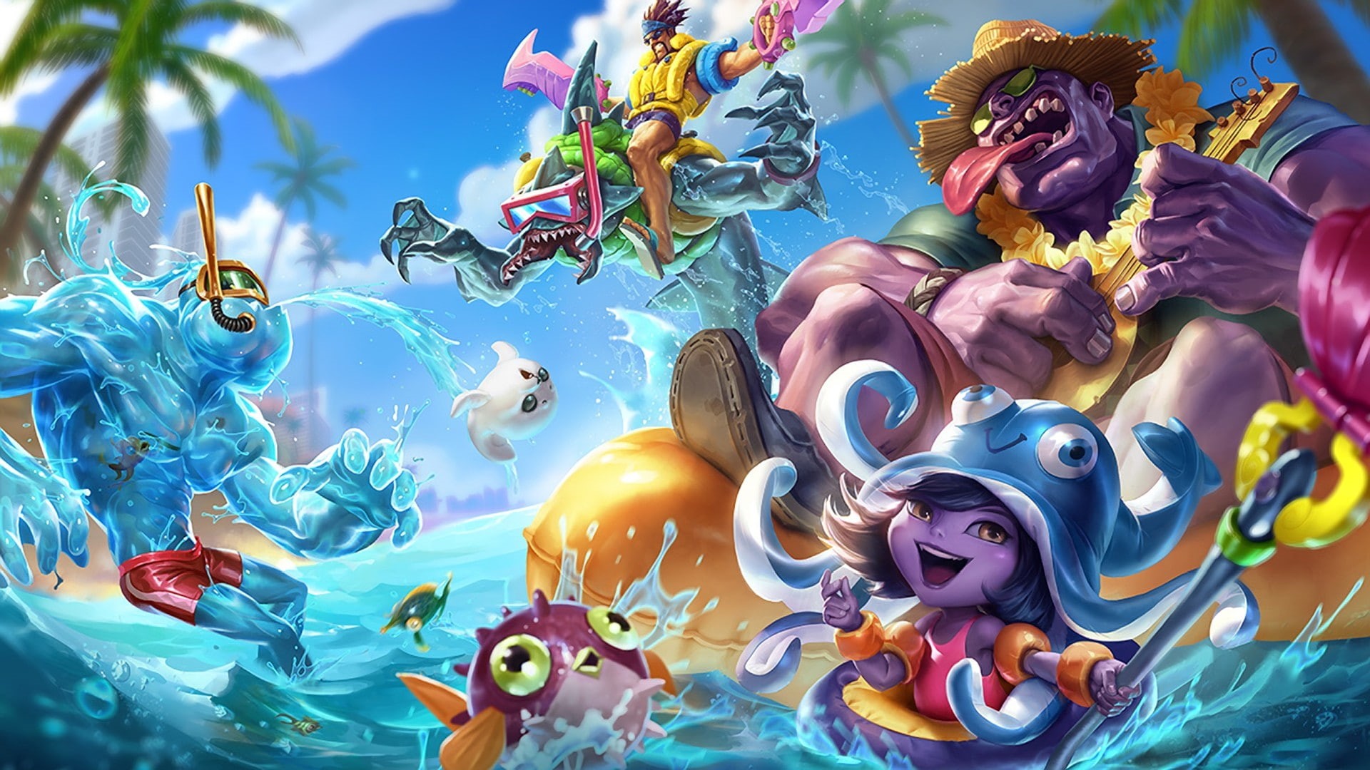 1080P, League of Legends, Rek Sai, pool party, Zac (League of Legends), Lulu (League of Legends), Dr. Mundo, Draven, HD Wallpaper