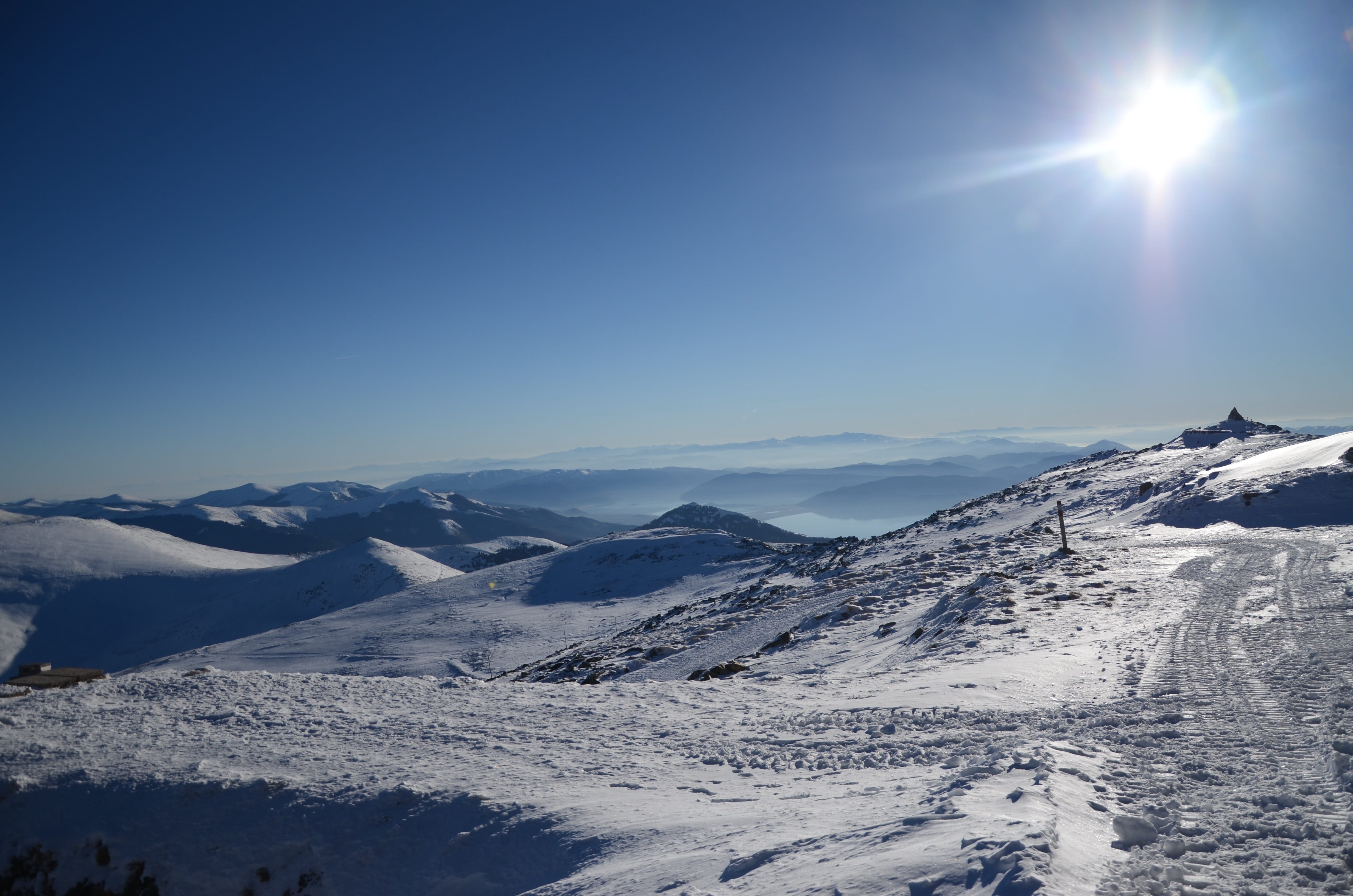 nature, pelister, landscape, frozen, mountain peak, snowcapped mountain, high, lens flare, beauty in nature, no people, outdoors, cold temperature, tranquil scene, HD Wallpaper