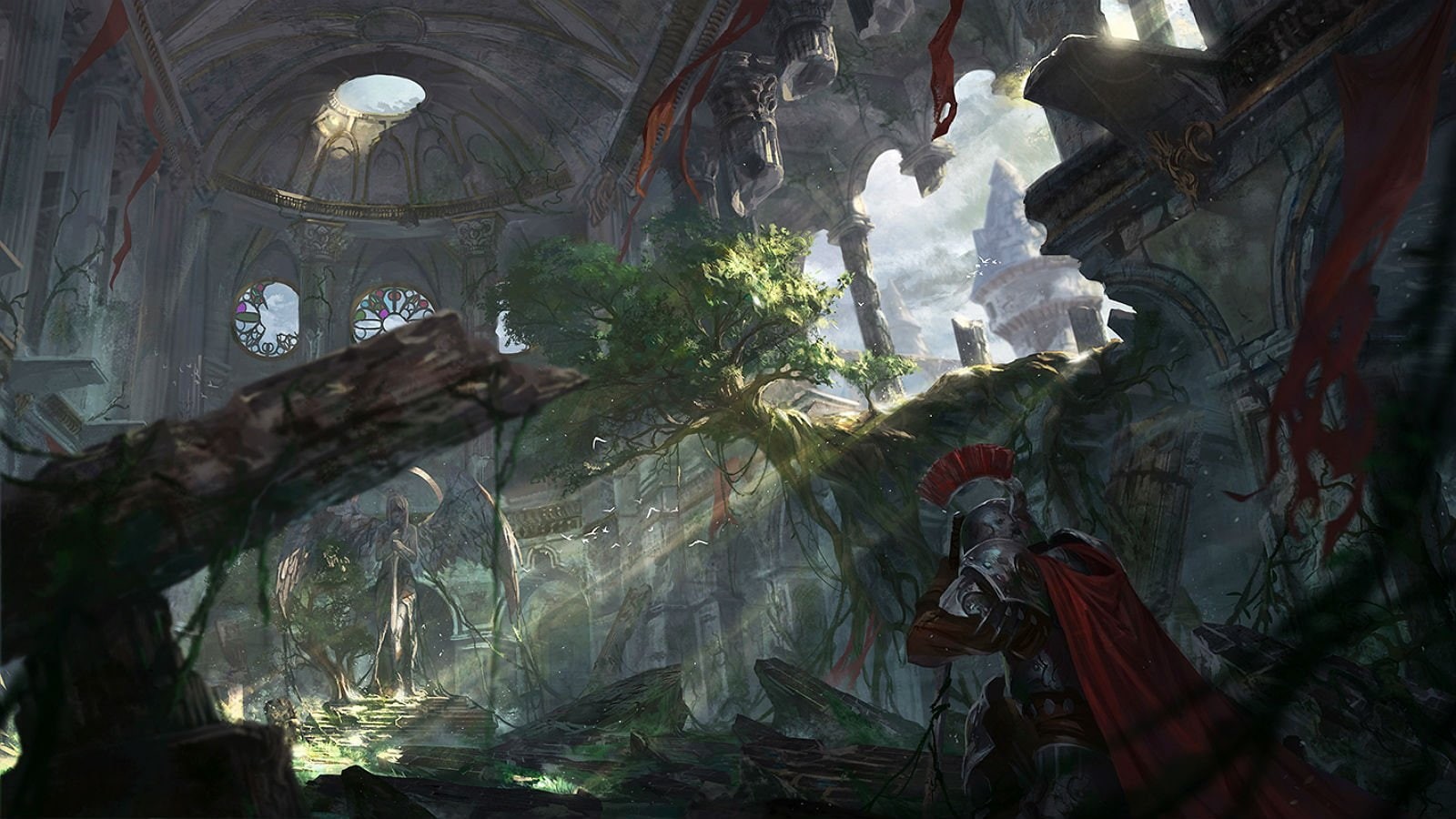 tree, armor, building, baraba, original, wings, 720P, scenic, baba, HD Wallpaper