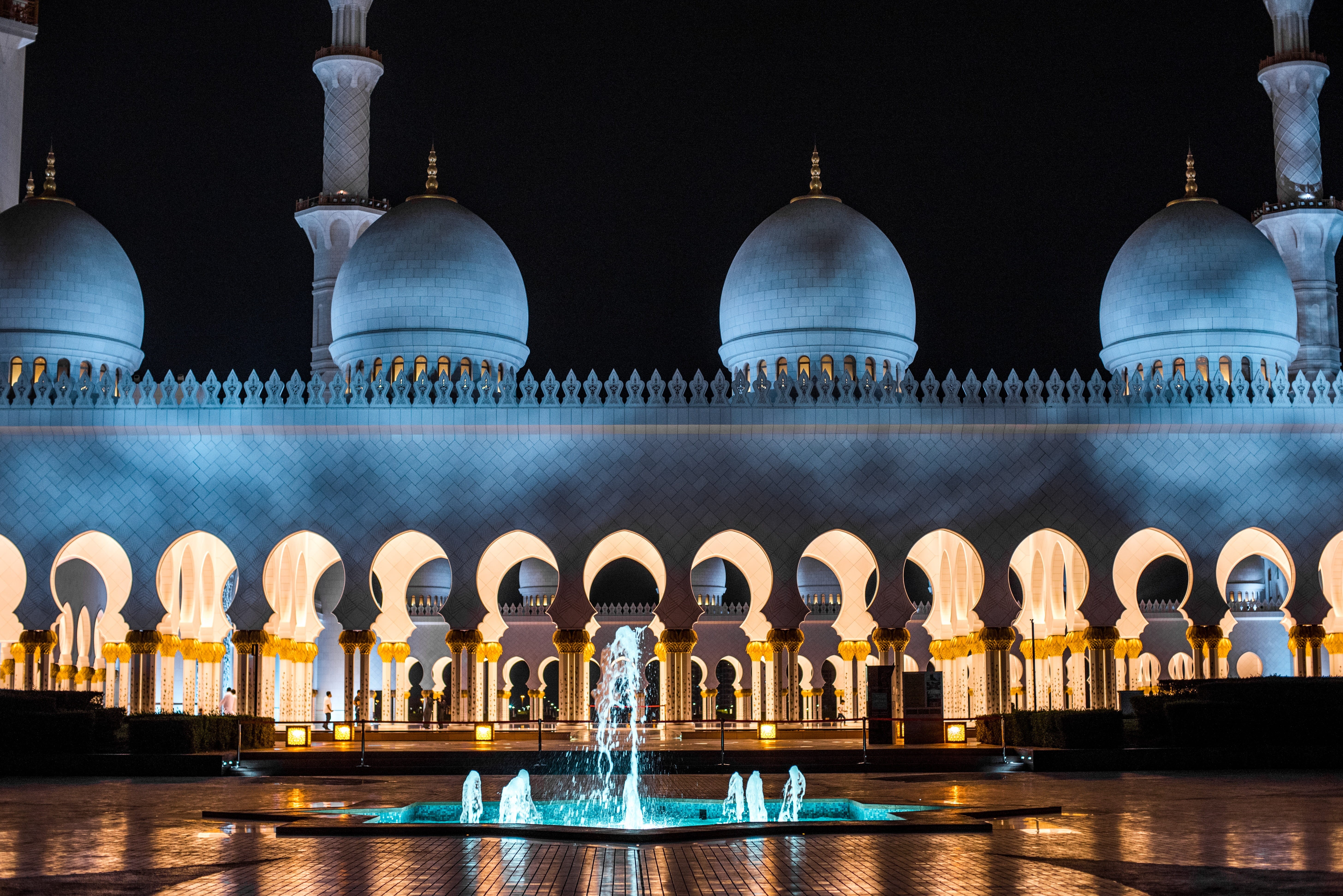 dark, sheikh zayed, built structure, building exterior, blue, illuminated, religion, tourism, night, water, nature, dome, mosque, travel, architectural column, HD Wallpaper