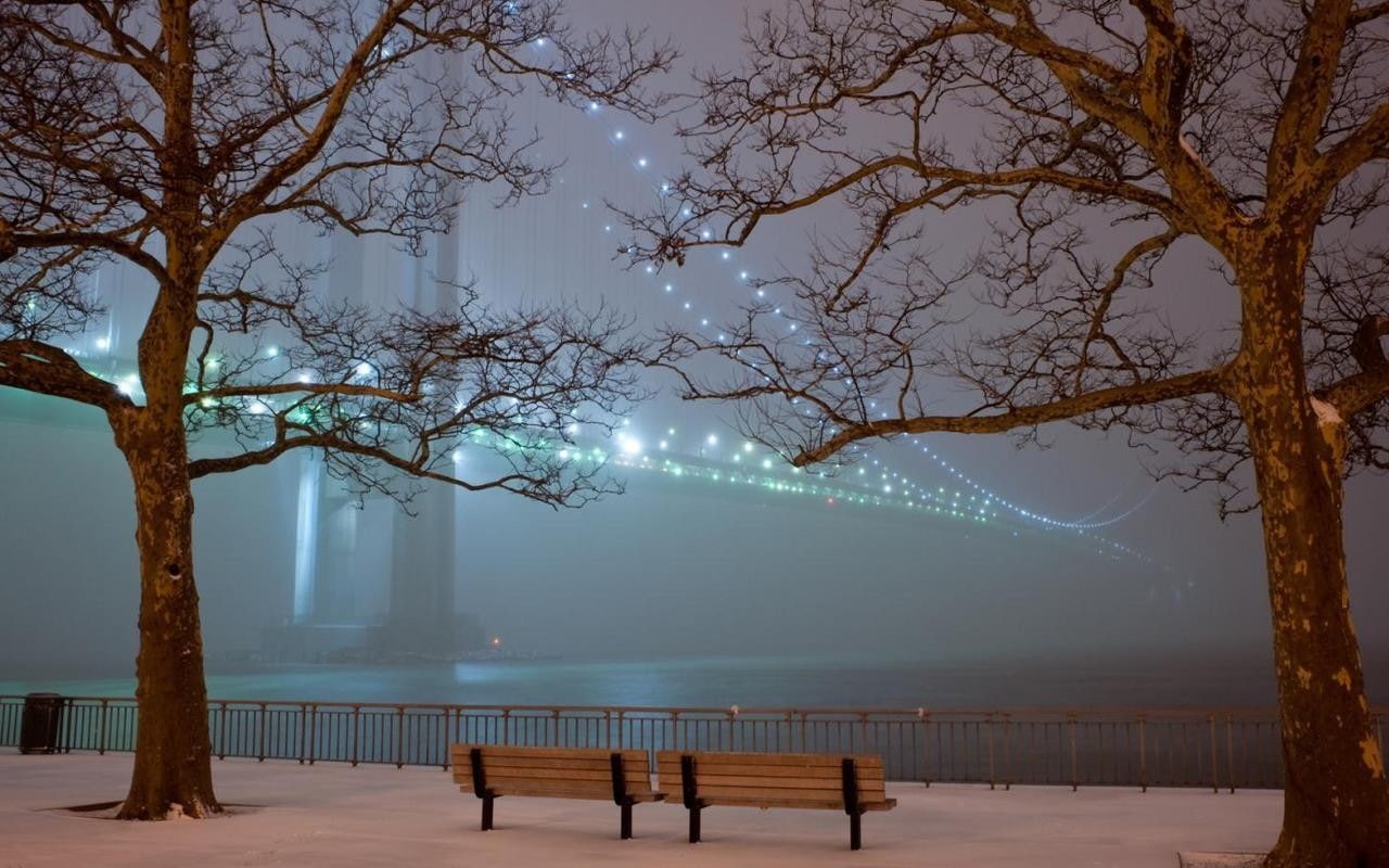 Winter, architecture, night, turkey, art, illuminated, istanbul, mist, fog, 720P, snow, x, hd, trees, bridges, bosphorus, HD Wallpaper