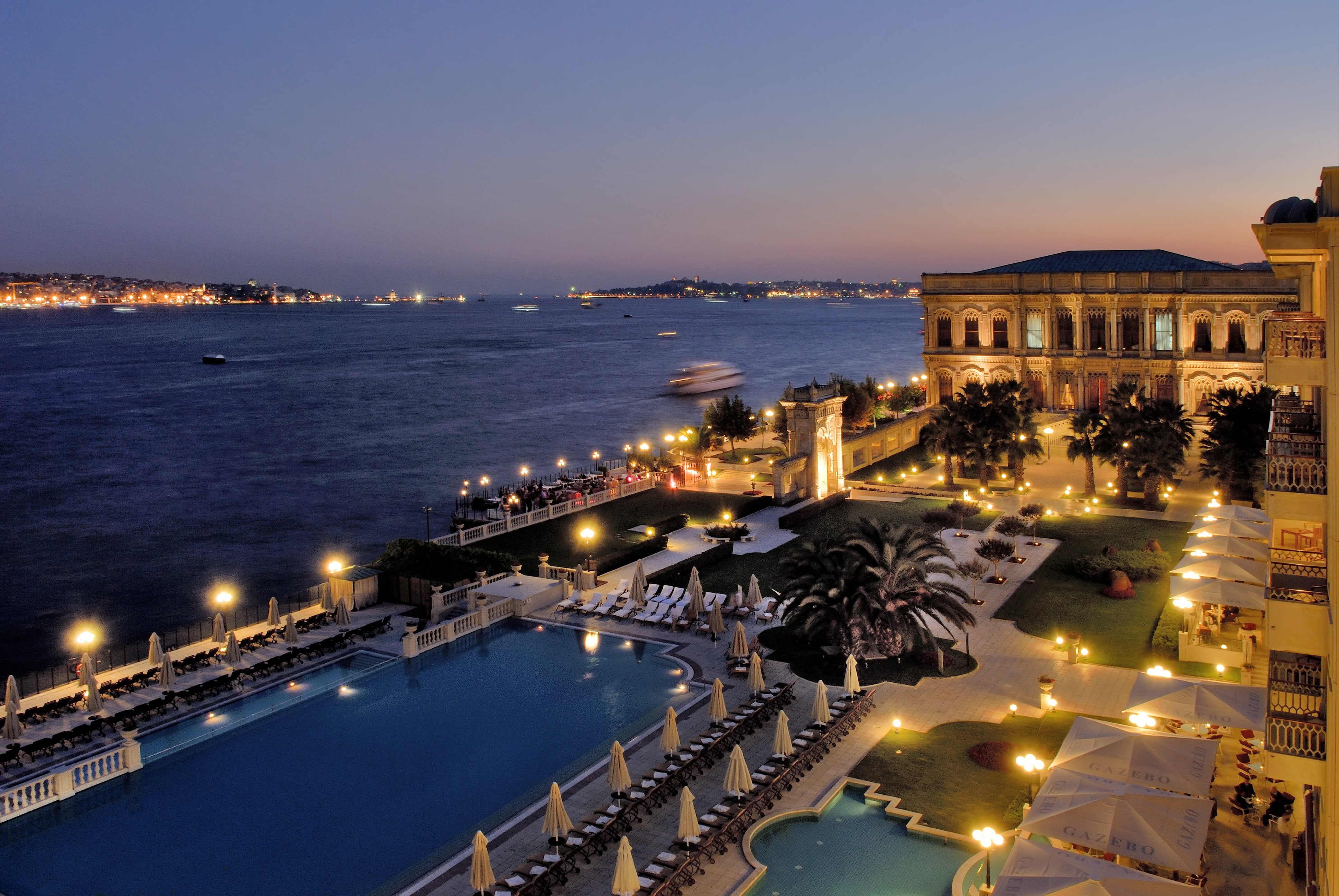 swimming pool, hotel, the night, the sea, Istanbul, turkey, 4K, Kempinski hotel, the Bosphorus, kempinski, HD Wallpaper