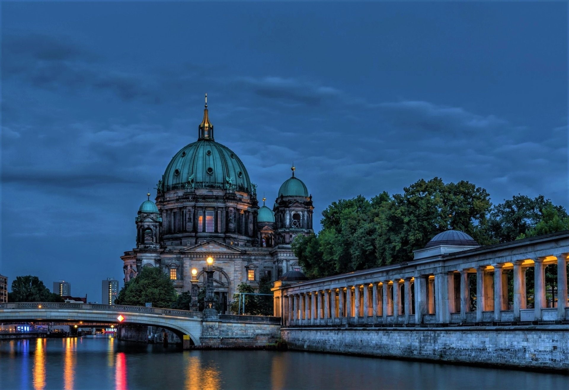 City, Dusk, Night, Bridge, Berlin Cathedral, River, Dome, Berlin, Cathedrals, 1080P, Twilight, HD Wallpaper