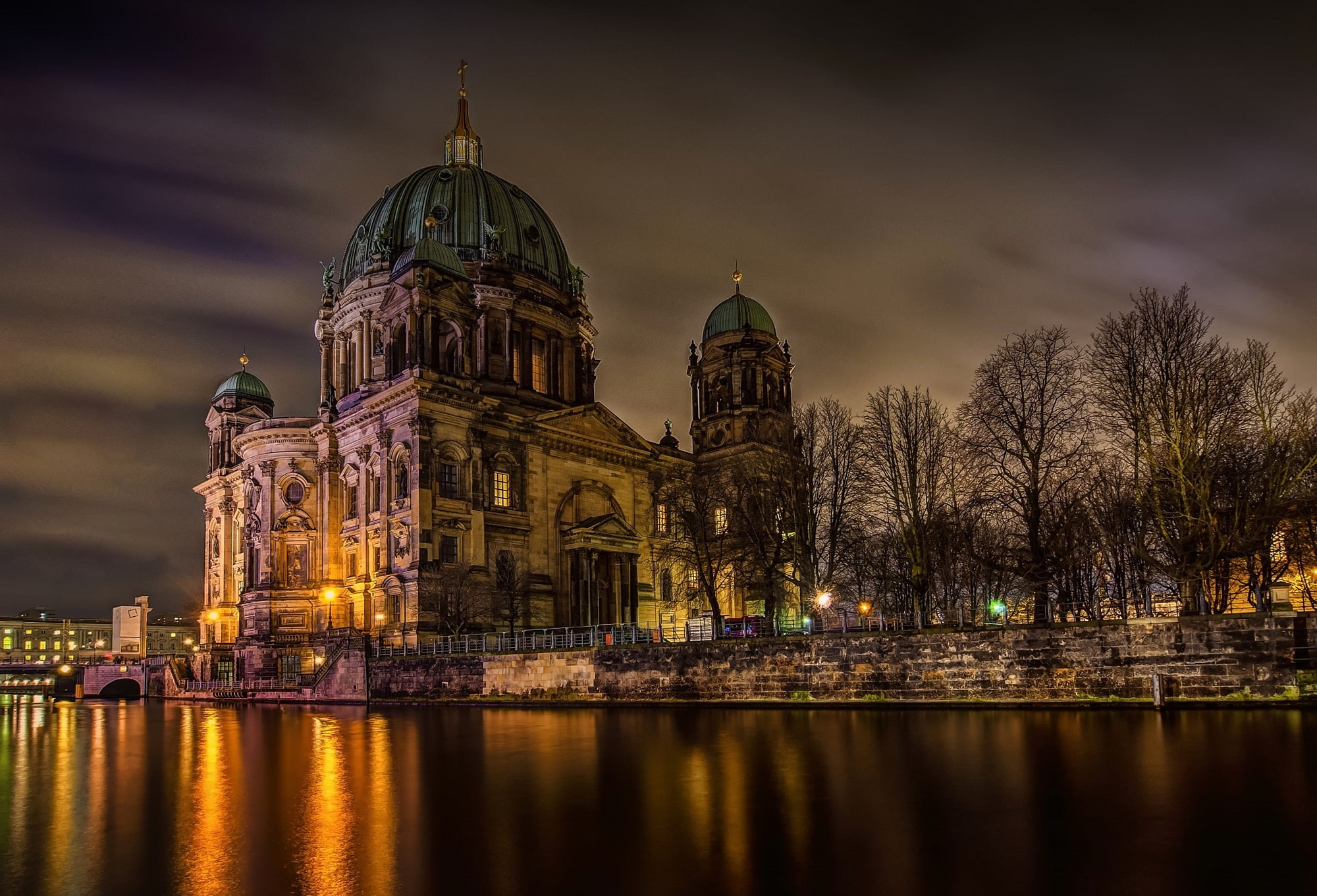 light, the city, river, night, Berlin Cathedral, trees, 1080P, The Berliner Dom, Germany, Berlin, Spree, HD Wallpaper