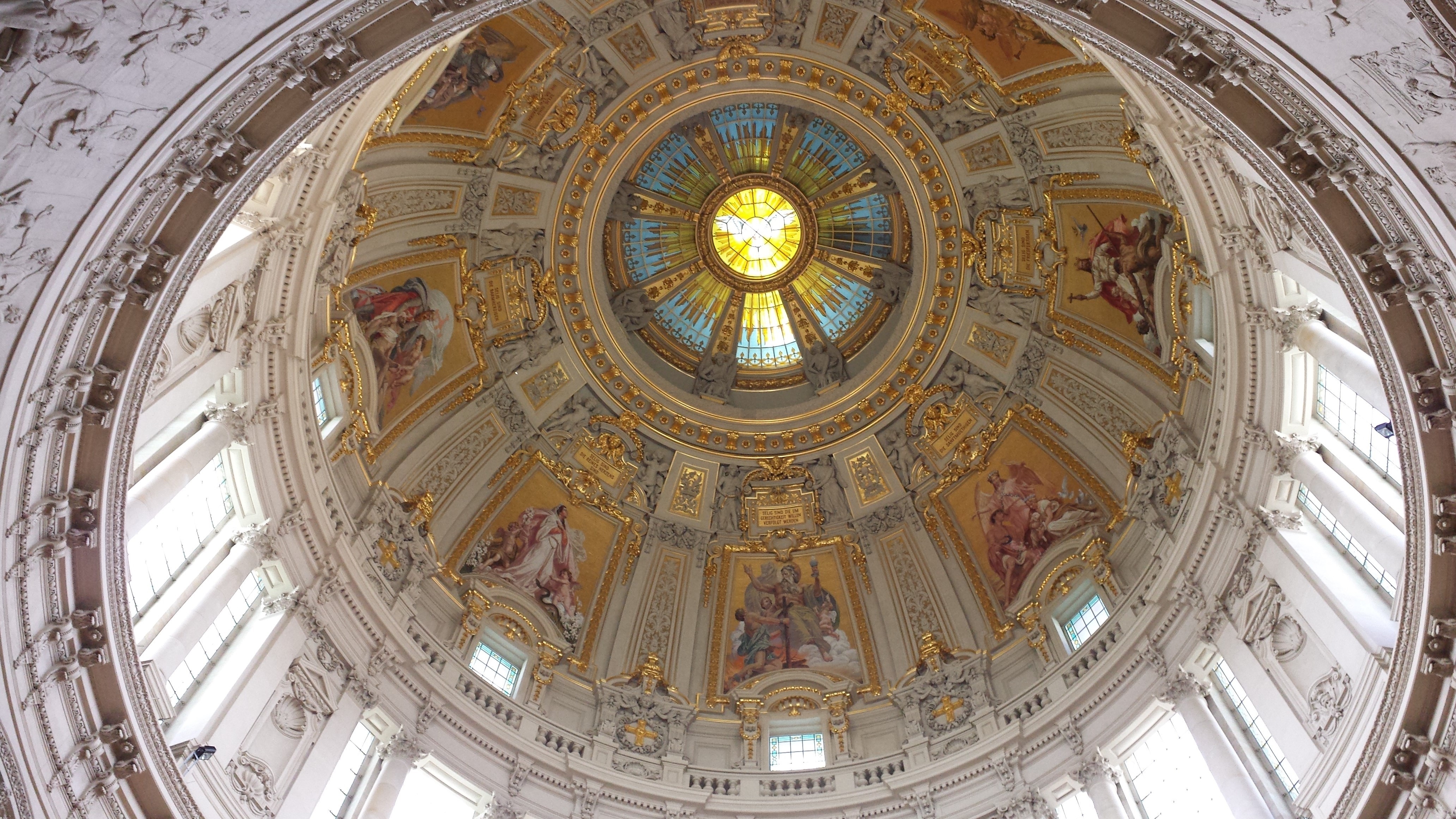 old, fresco, cupola, ornate, art and craft, cathedral dome, 4K, low angle view, directly below, architecture, berlin cathedral, ornament, travel destinations, HD Wallpaper
