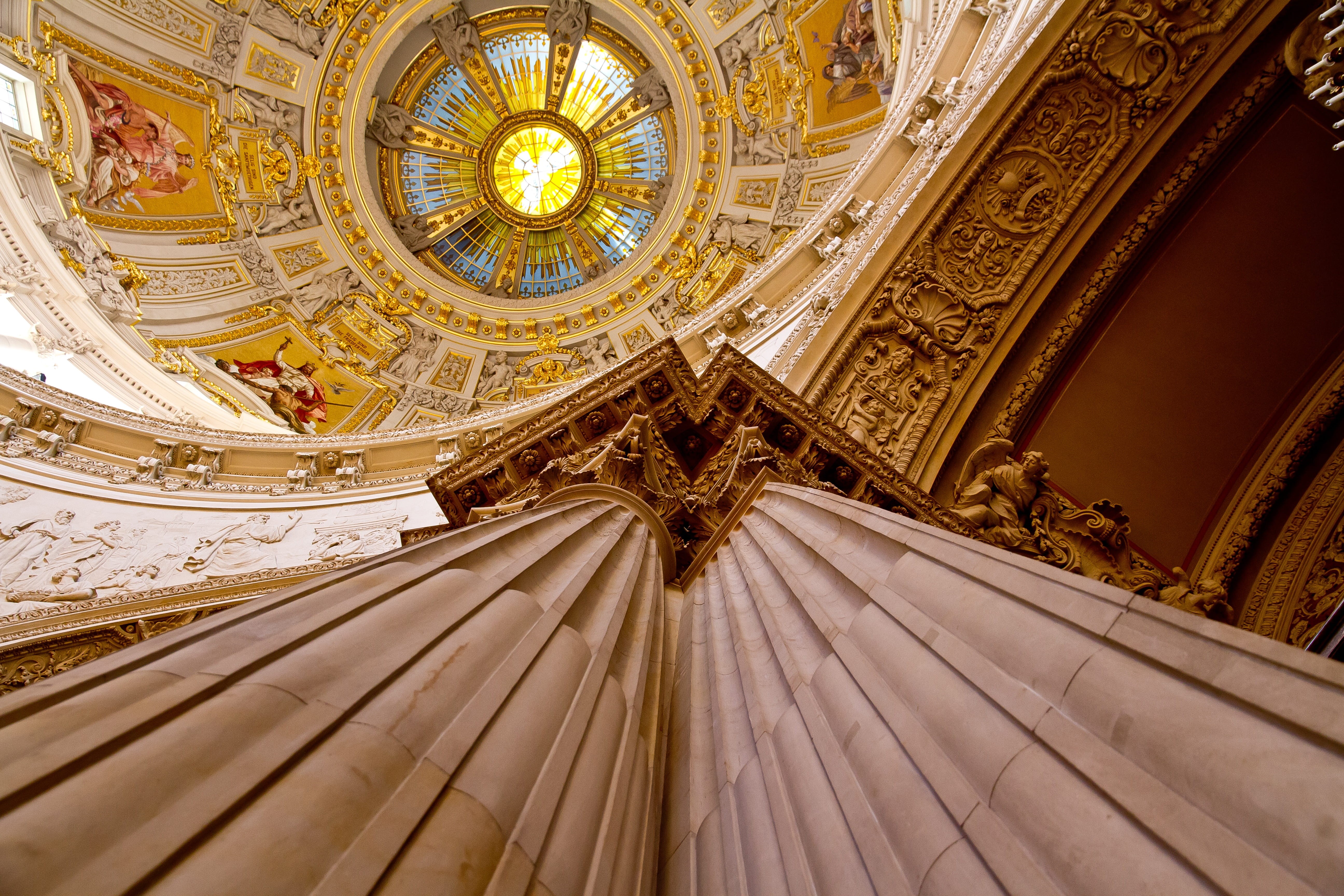place of worship, berlin, 5K, religion, dome, church, history, city, mural, sky, angel, faith, travel destinations, landmark, ceiling, ornament, christianity, HD Wallpaper