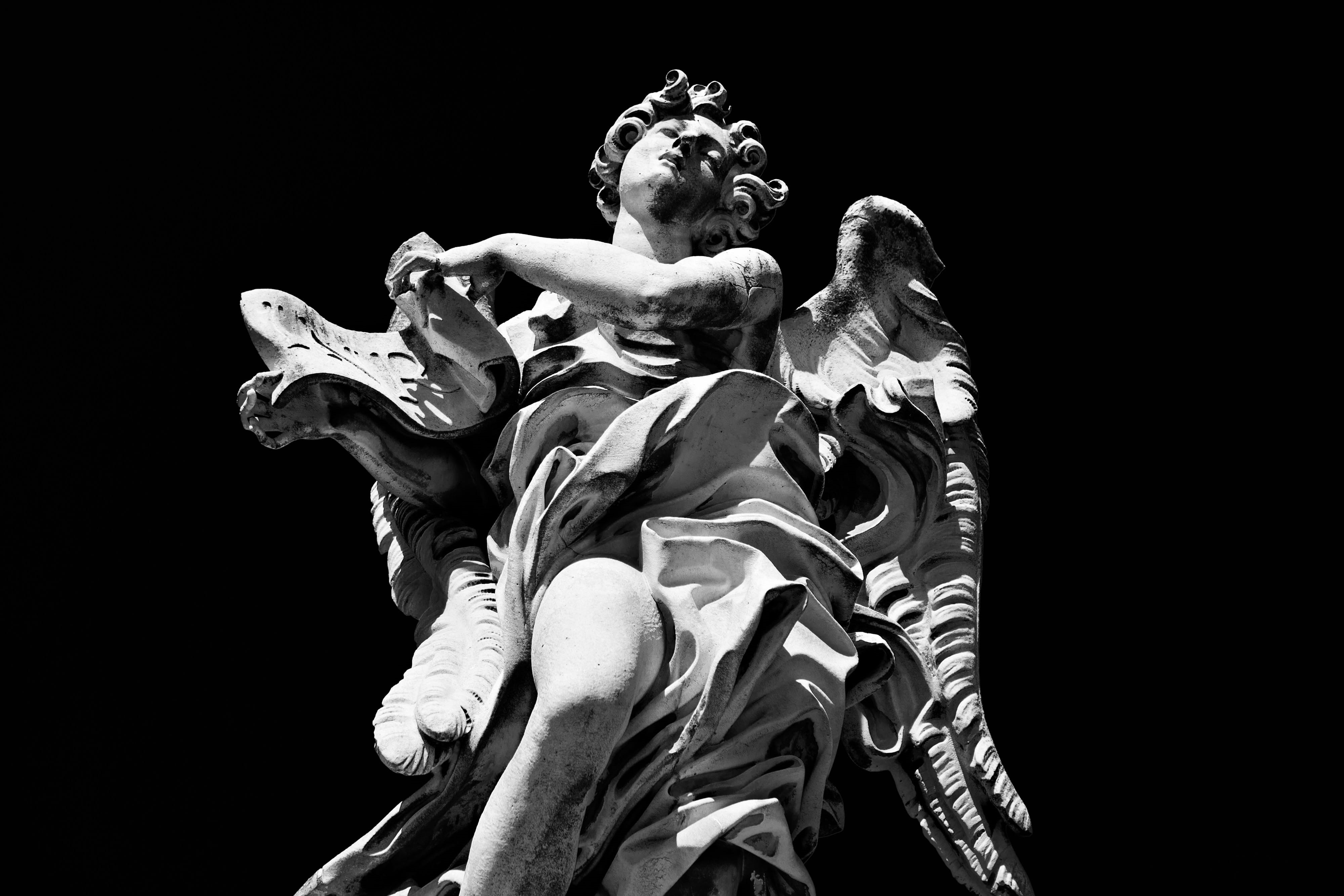 men, river, Italy, studio shot, representation, monochrome, statue, adult, Rome, black And White, urban, architecture, High-contrast, one man only, the past, HD Wallpaper