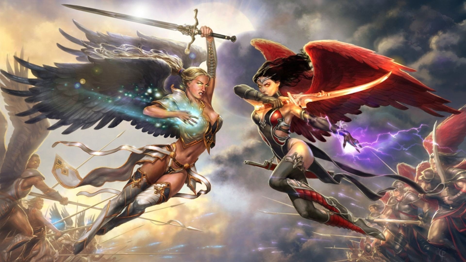cloud - sky, low angle view, 1080P, outdoors, arts culture and entertainment, Fantasy, animal themes, Wings, Sword, Woman Warrior, art and craft, feather, HD Wallpaper