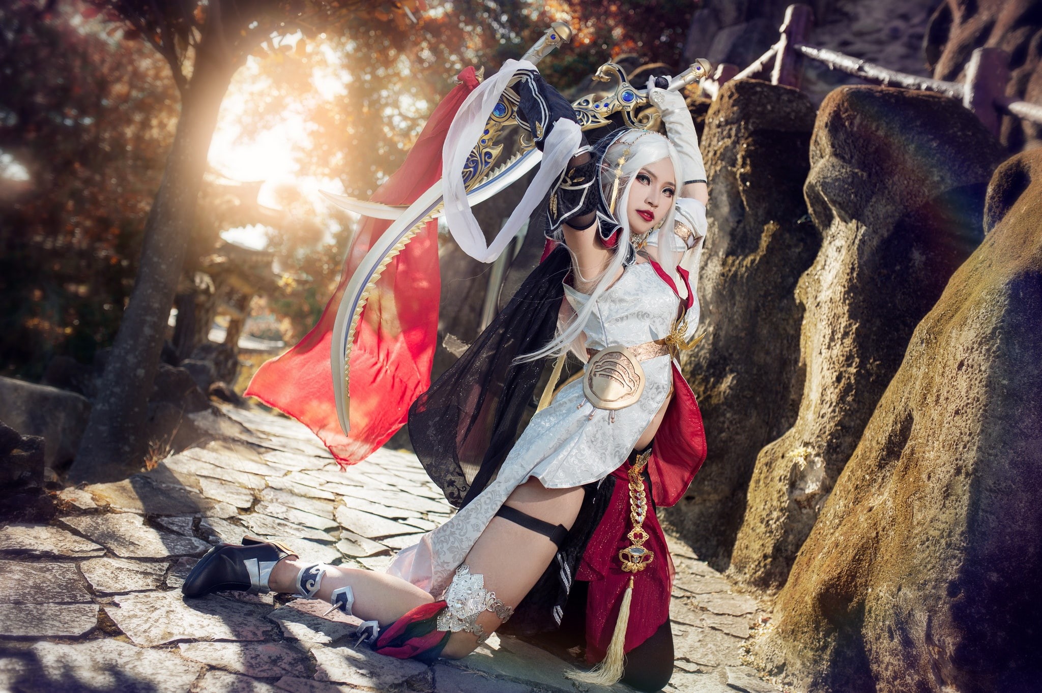 fabric, militant, trees, girl, nature, outfit, swords, 1080P, tile, elf, image, look, beauty, the girl-soldier, costume, cosplay, weapons, warrior, figure, HD Wallpaper